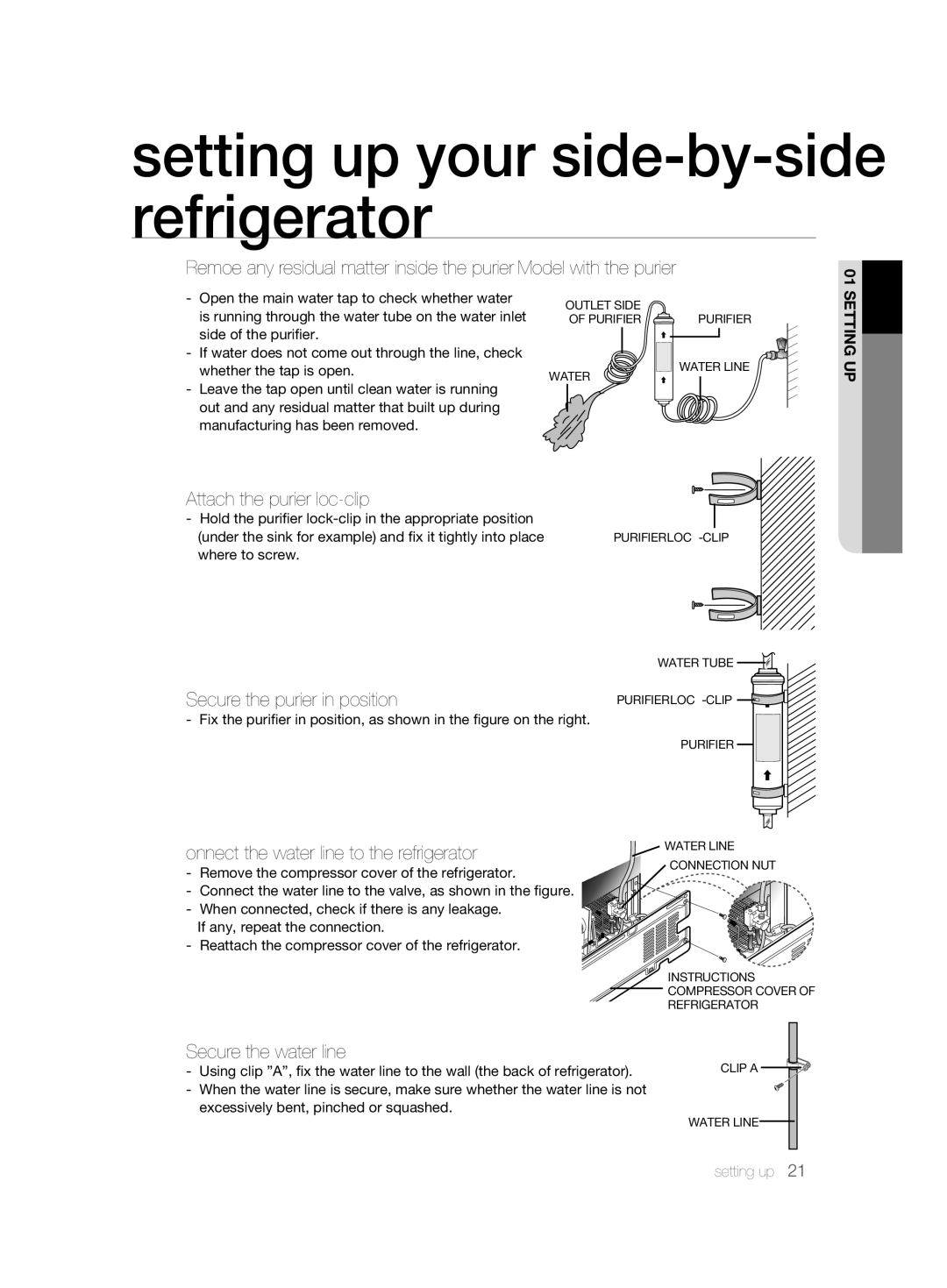 Samsung RSH1KLBG1/XSS, RSH1FTBP1/FAL Attach the purifier lock-clip, Secure the purifier in position, Secure the water line 