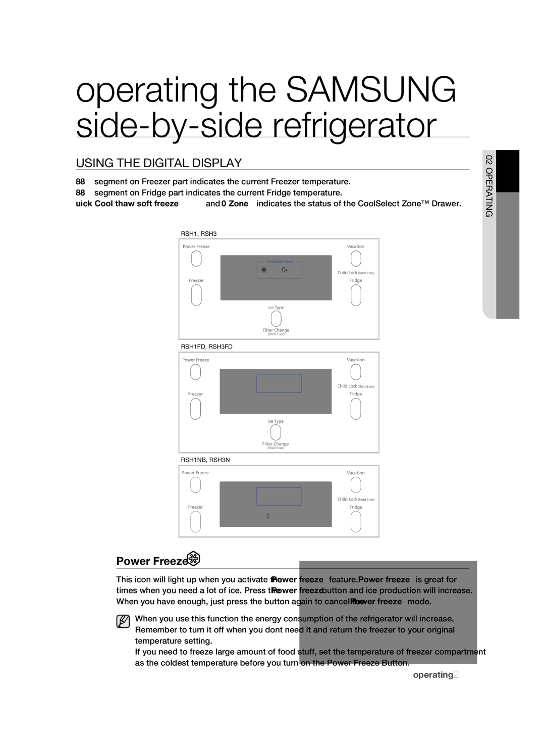 Samsung RSH1FBPE1/BUL, RSH1FTBP1/FAL, RSH1KLBG1/XSS, RSH1FTBP1/BUL, RSH1FTBP1/BWT Using tHE DigitaL DisPLay, Power Freeze 