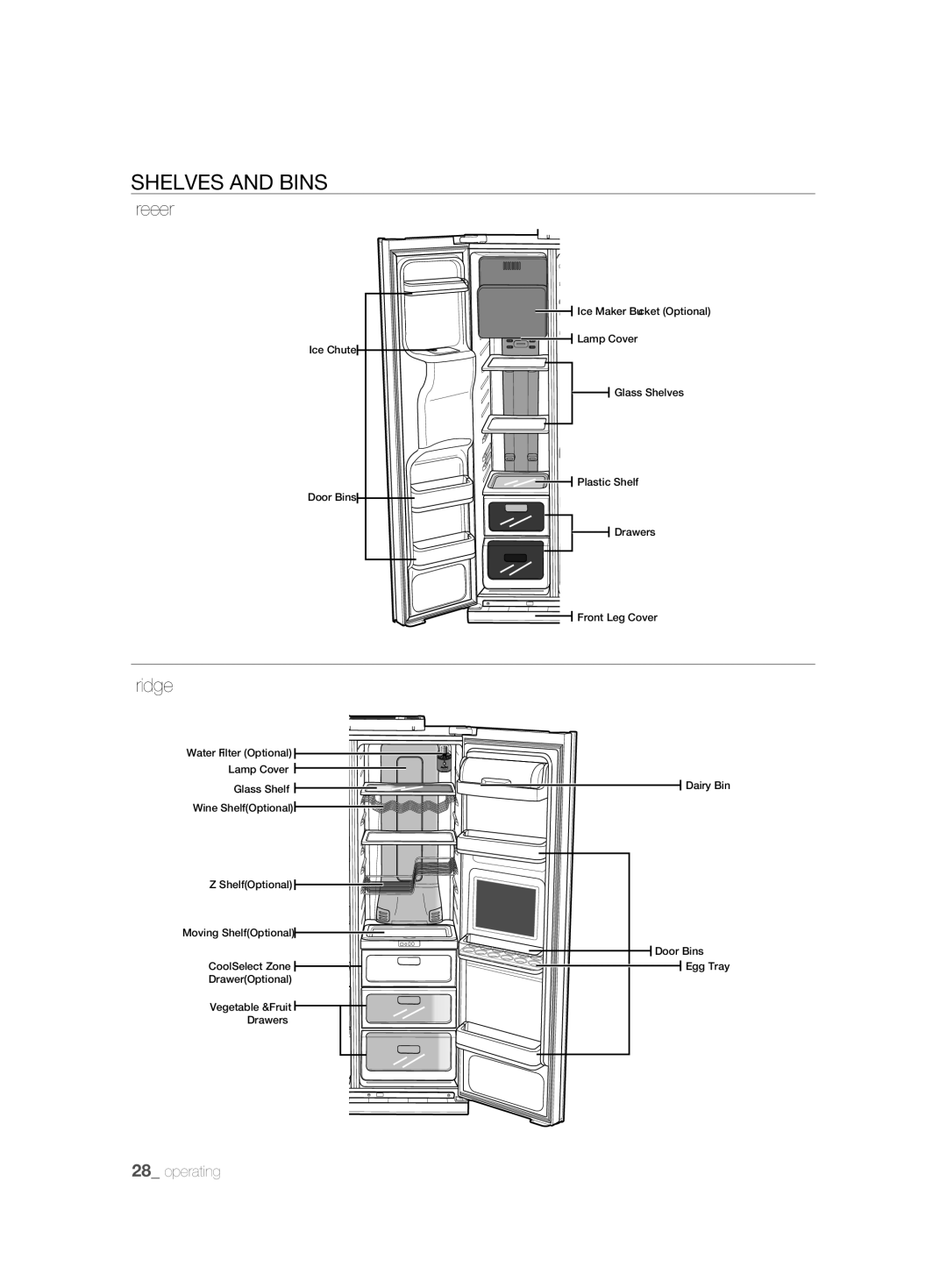 Samsung RSH1DTPE1/EUR, RSH1FTBP1/FAL, RSH1KLBG1/XSS, RSH1FTBP1/BUL, RSH1FTBP1/BWT manual SHELVEs anD Bins, Freezer, Fridge 