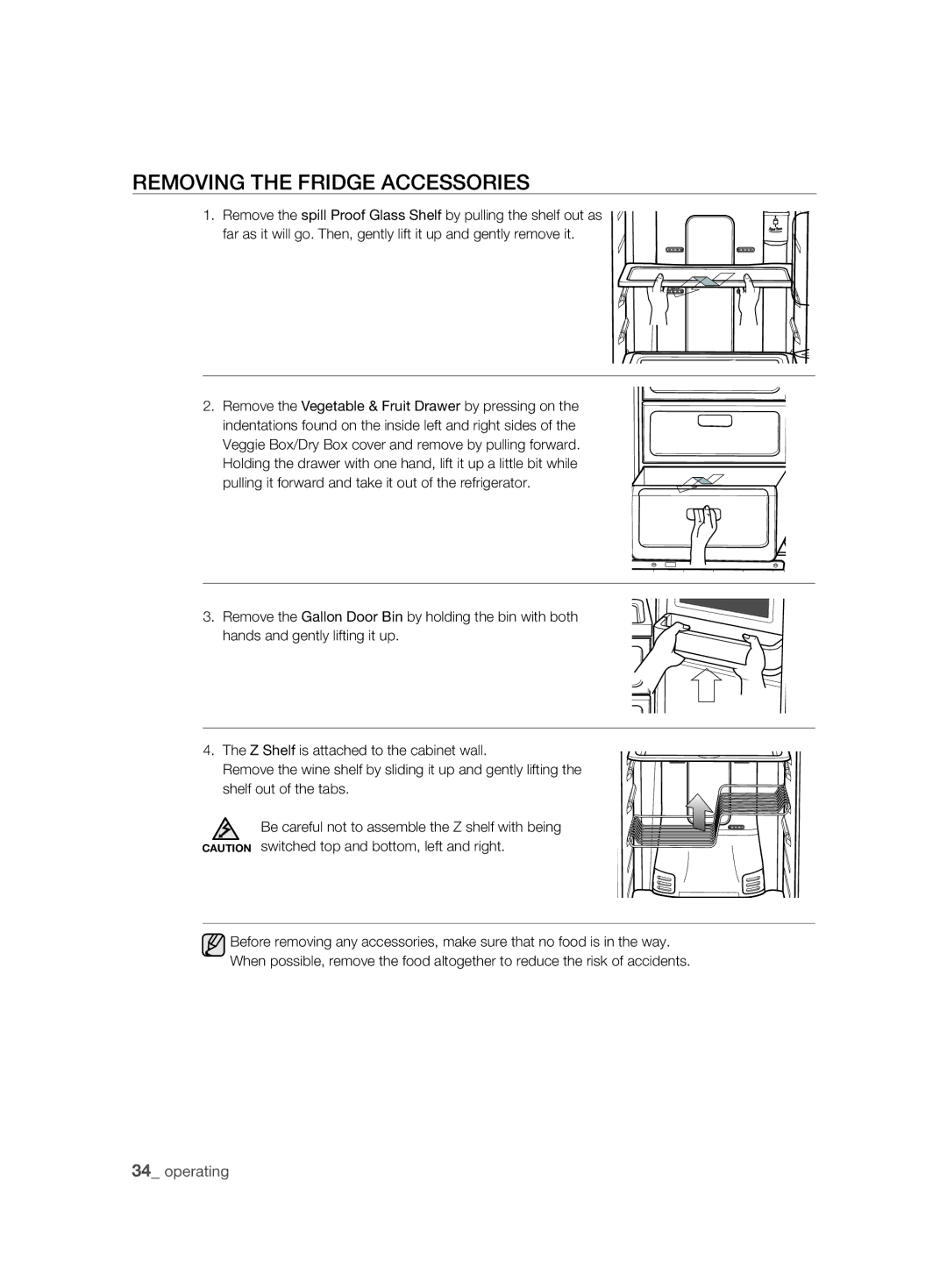 Samsung RSH1DTPE1/BUL, RSH1FTBP1/FAL, RSH1KLBG1/XSS, RSH1FTBP1/BUL, RSH1FTBP1/BWT manual REMoVing tHE friDgE aCCEssoriEs 