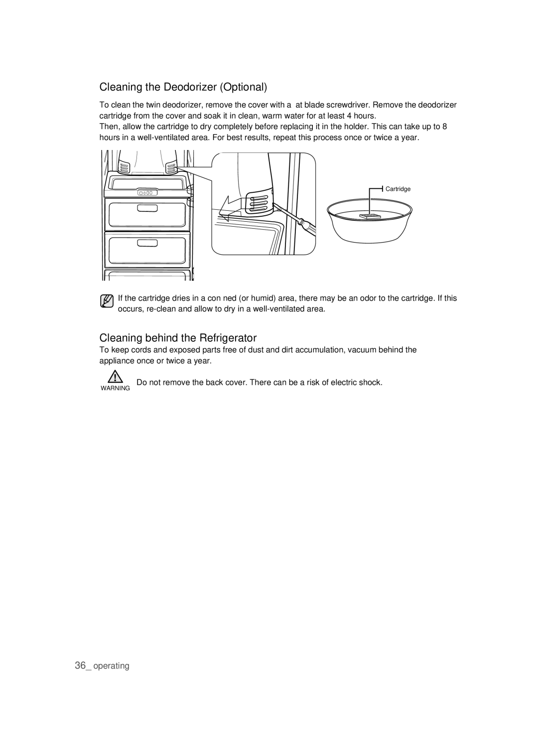 Samsung RSH1KLBG1/BUL, RSH1FTBP1/FAL, RSH1KLBG1/XSS manual Cleaning the Deodorizer Optional, Cleaning behind the Refrigerator 