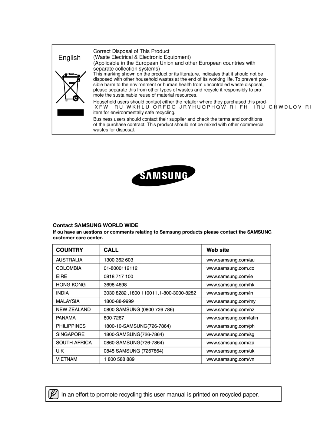 Samsung RSH1FTBP1/BUL, RSH1FTBP1/FAL, RSH1KLBG1/XSS, RSH1FTBP1/BWT, RSH1DTPE1/BUL, RSH1FBPE1/BUL Contact Samsung World Wide 