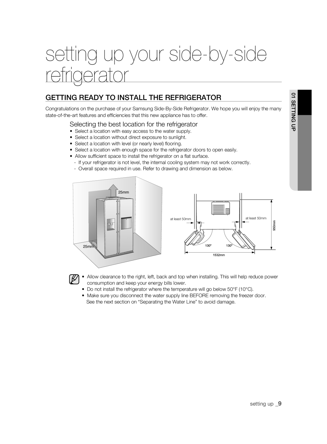 Samsung RSH1FBIS1/EUR manual GEtting rEaDy to instaLL tHE rEfrigErator, Selecting the best location for the refrigerator 