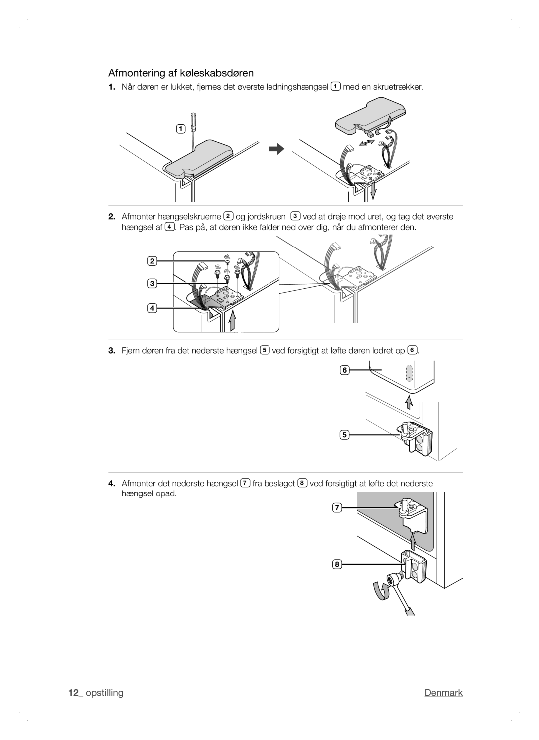 Samsung RSH1FTPE1/XEE, RSH1DTSW1/XEE, RSH1NTSW1/XEE, RSH1DTRS1/XEE, RSH1DTPE1/XEE, RSH1JTRS1/XEE Afmontering af køleskabsdøren 