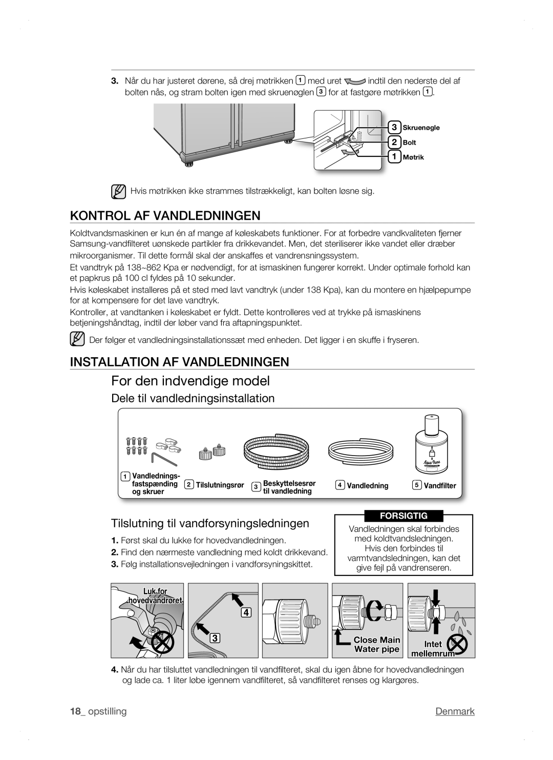 Samsung RSH1FTPE1/XEE manual Kontrol AF Vandledningen, Installation AF Vandledningen, Dele til vandledningsinstallation 