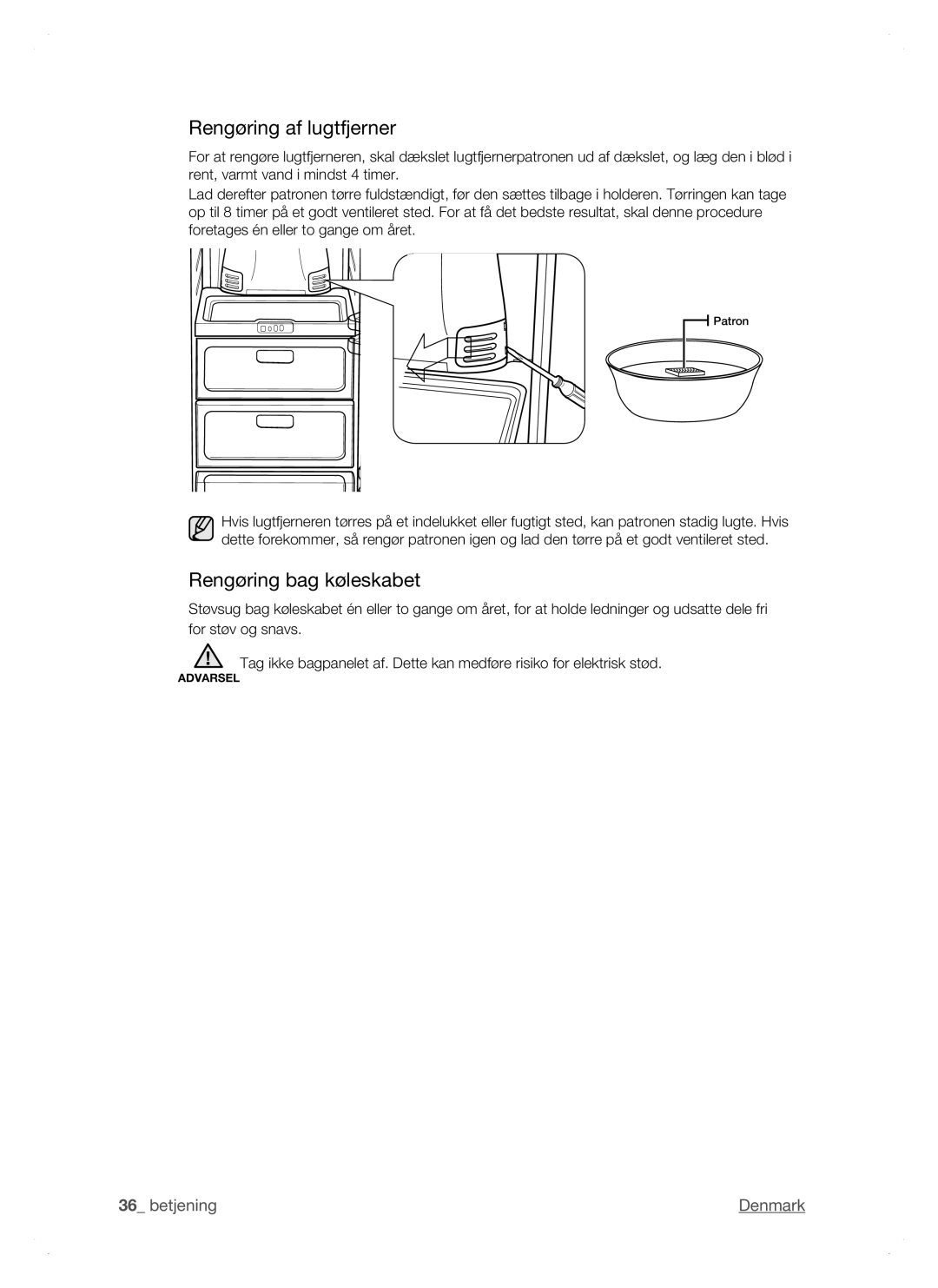 Samsung RSH1FTPE1/XEE, RSH1DTSW1/XEE, RSH1NTSW1/XEE, RSH1DTRS1/XEE manual Rengøring af lugtfjerner, Rengøring bag køleskabet 