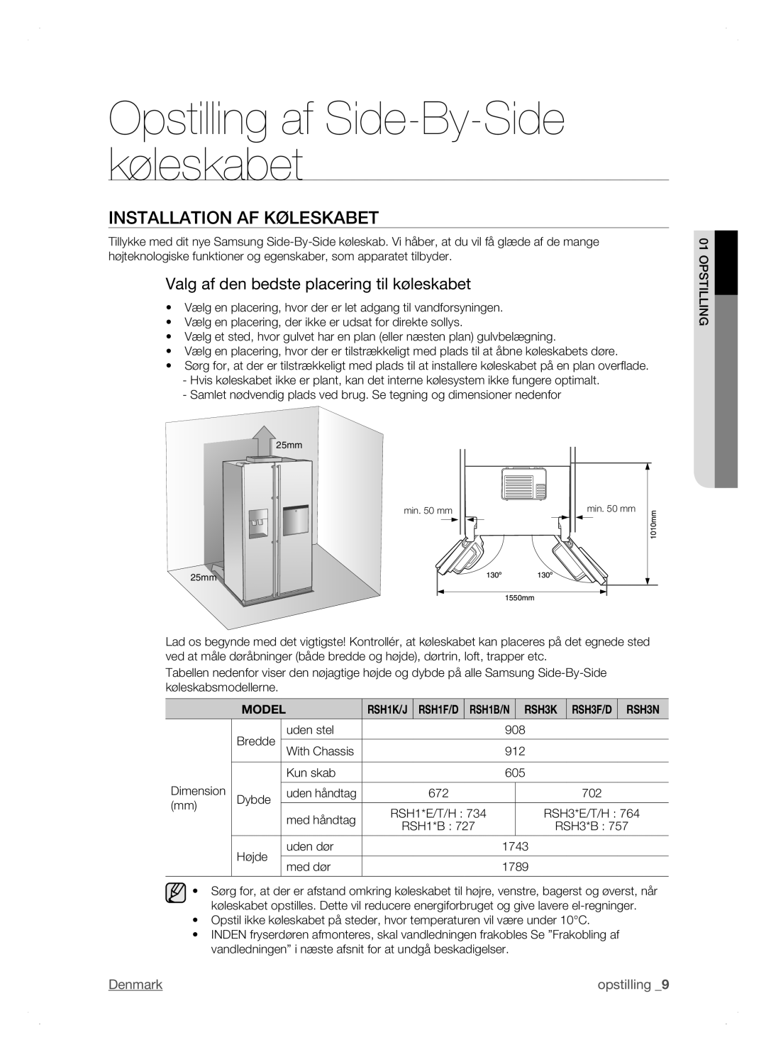 Samsung RSH1DTRS1/XEE, RSH1FTPE1/XEE, RSH1DTSW1/XEE Installation AF Køleskabet, Valg af den bedste placering til køleskabet 