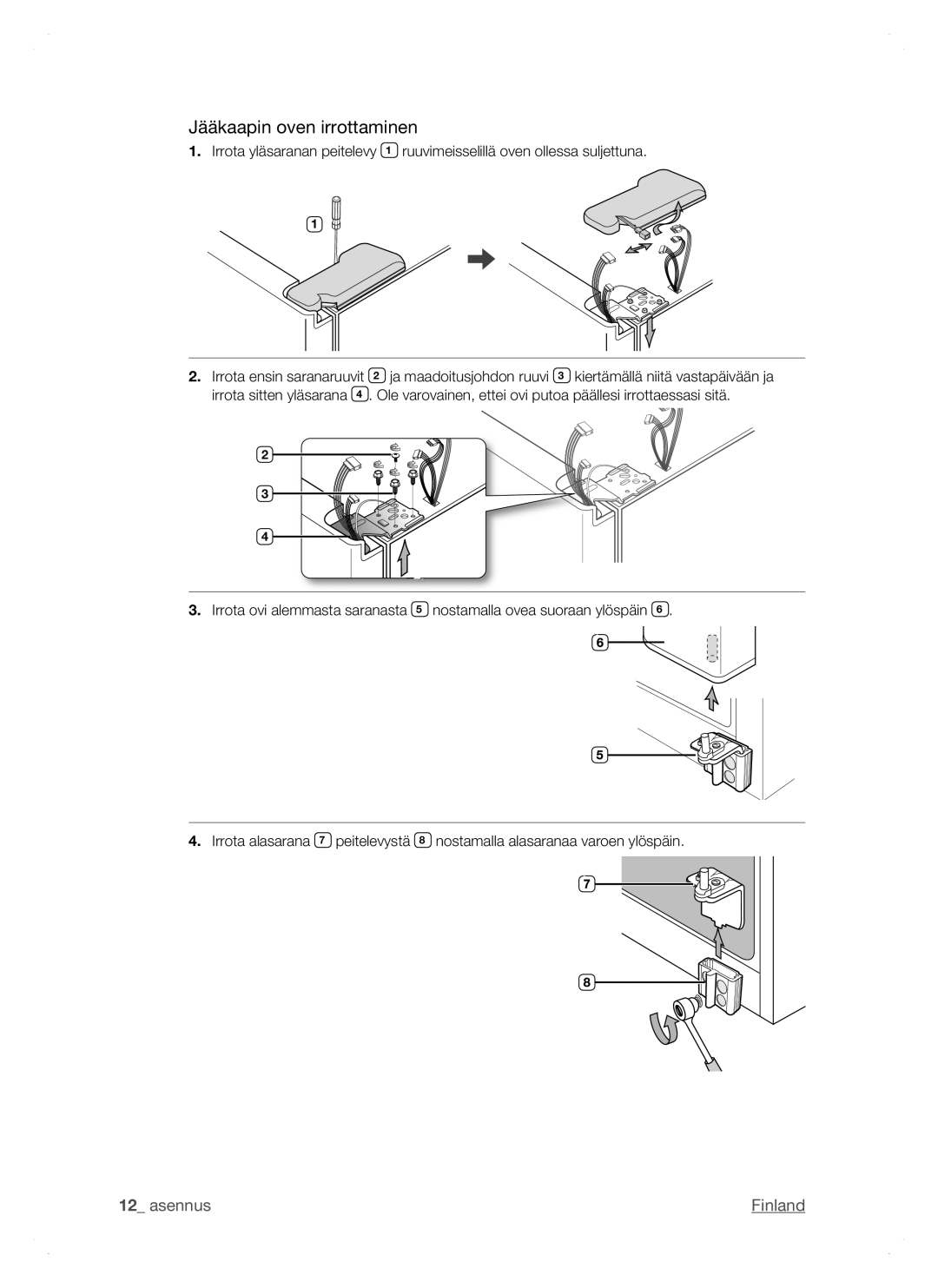 Samsung RSH1FTPE1/XEE, RSH1DTSW1/XEE, RSH1NTSW1/XEE, RSH1DTRS1/XEE, RSH1DTPE1/XEE, RSH1JTRS1/XEE Jääkaapin oven irrottaminen 