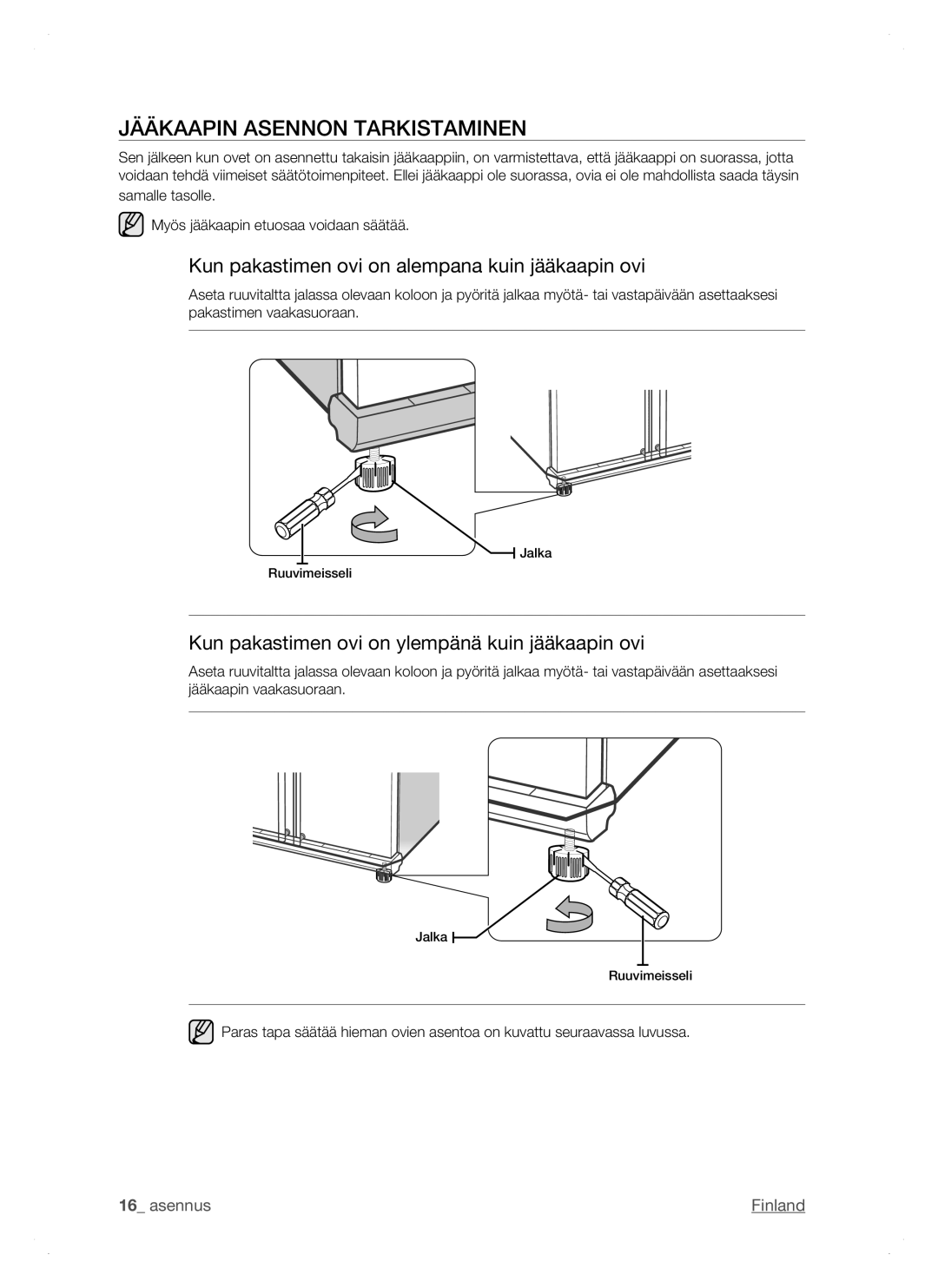 Samsung RSH1DTPE1/XEE, RSH1FTPE1/XEE Jääkaapin Asennon Tarkistaminen, Kun pakastimen ovi on alempana kuin jääkaapin ovi 