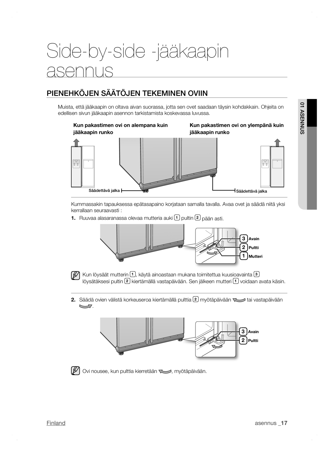 Samsung RSH1JTRS1/XEE, RSH1FTPE1/XEE, RSH1DTSW1/XEE, RSH1NTSW1/XEE, RSH1DTRS1/XEE manual Pienehköjen säätöjen tekeminen oviin 