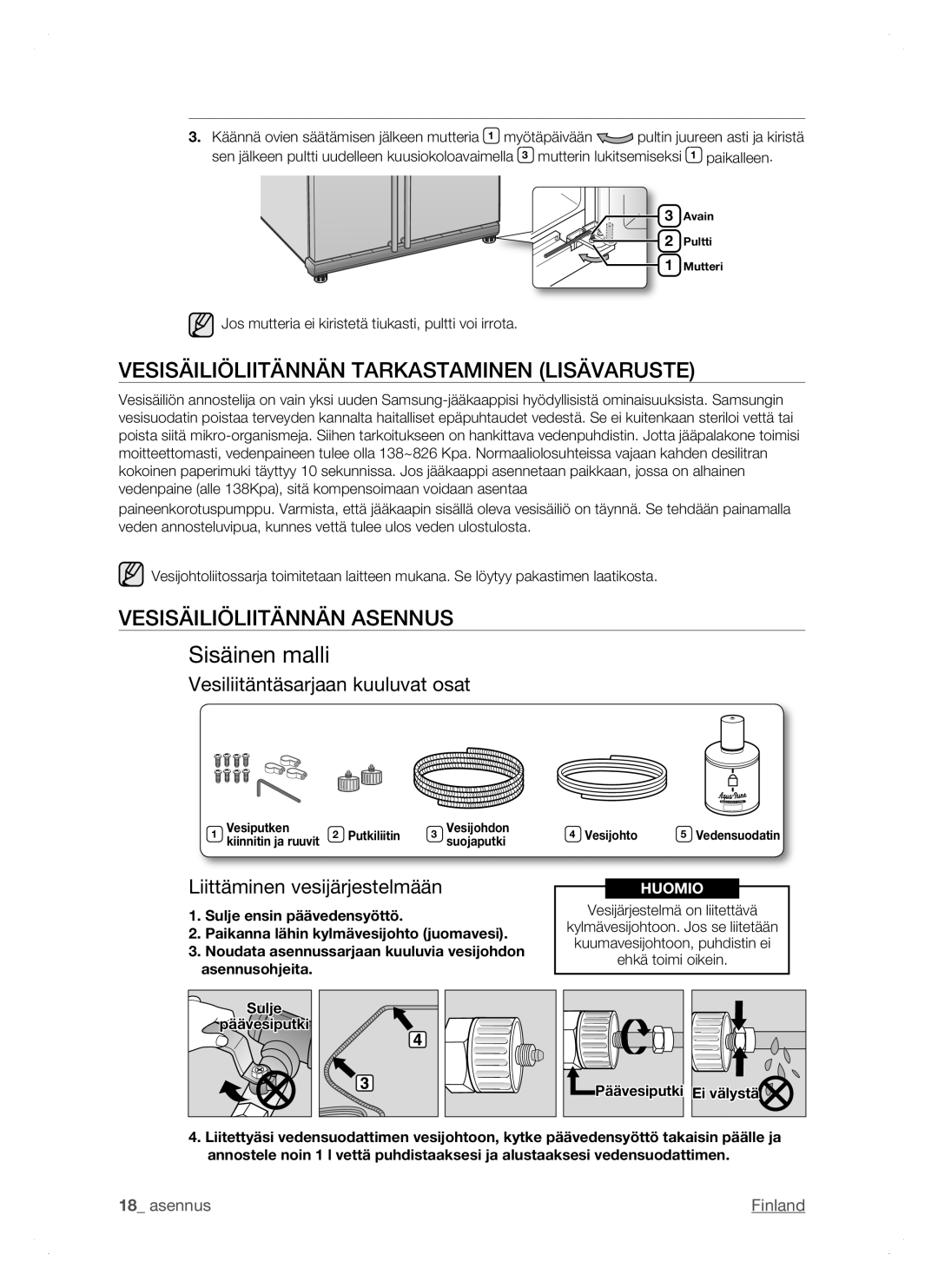 Samsung RSH1FTPE1/XEE, RSH1DTSW1/XEE manual Vesisäiliöliitännän Tarkastaminen Lisävaruste, Vesisäiliöliitännän Asennus 