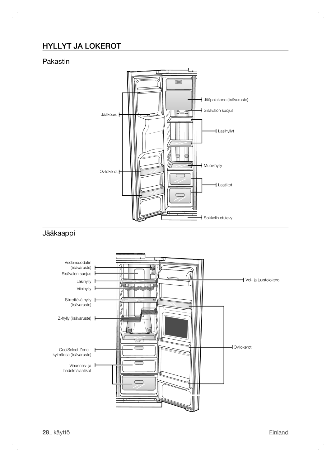 Samsung RSH1DTPE1/XEE, RSH1FTPE1/XEE, RSH1DTSW1/XEE, RSH1NTSW1/XEE, RSH1DTRS1/XEE manual Hyllyt JA Lokerot, Pakastin, Jääkaappi 