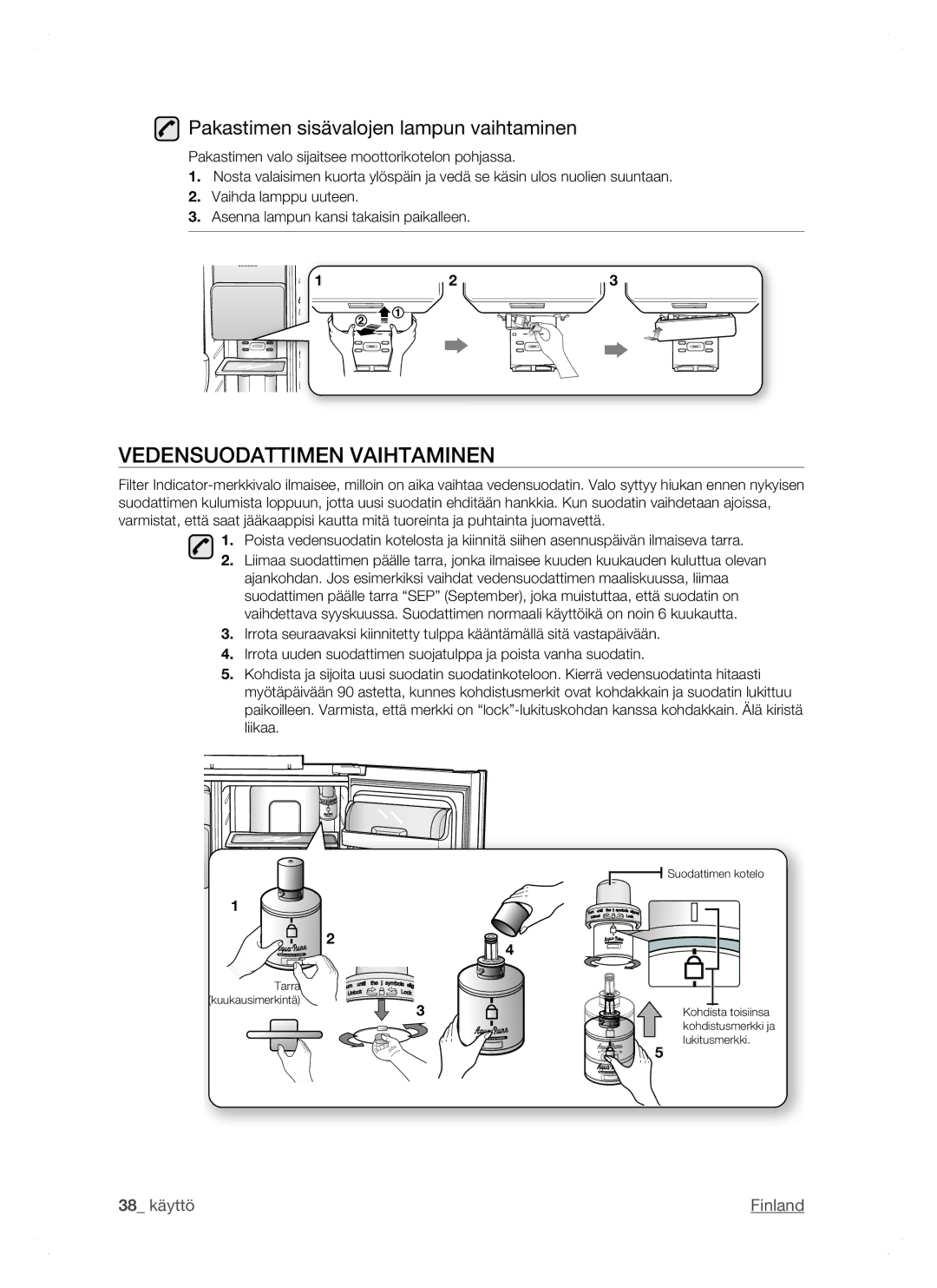 Samsung RSH1NTSW1/XEE, RSH1FTPE1/XEE, RSH1DTSW1/XEE Vedensuodattimen Vaihtaminen, Pakastimen sisävalojen lampun vaihtaminen 