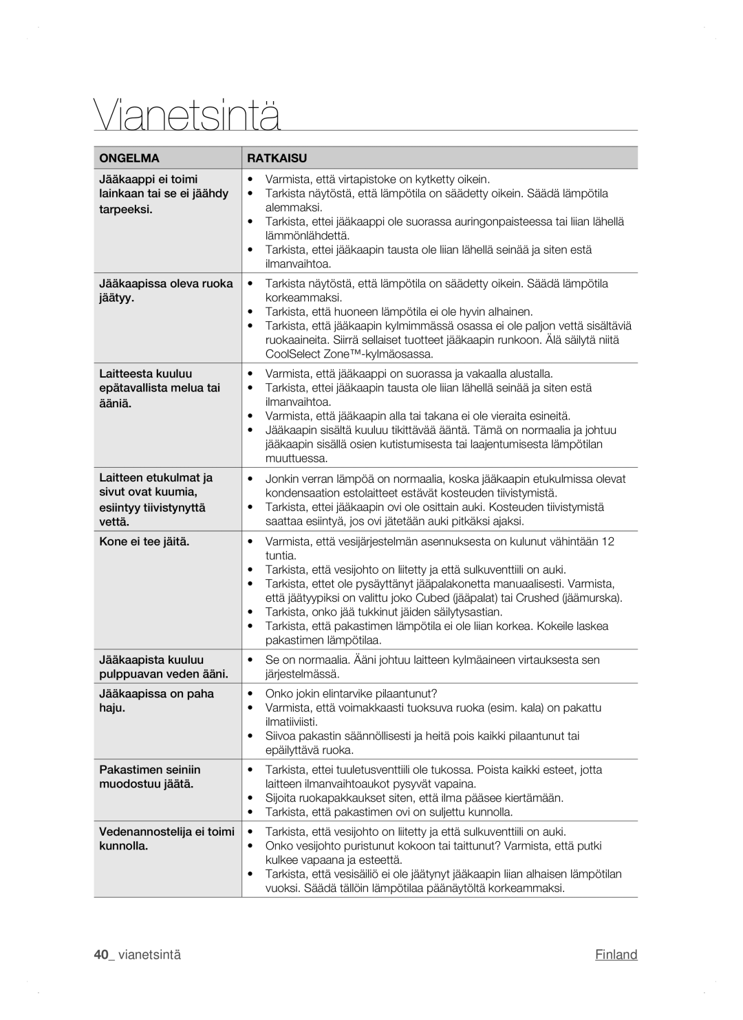 Samsung RSH1DTPE1/XEE, RSH1FTPE1/XEE, RSH1DTSW1/XEE, RSH1NTSW1/XEE, RSH1DTRS1/XEE, RSH1JTRS1/XEE manual Vianetsintä 