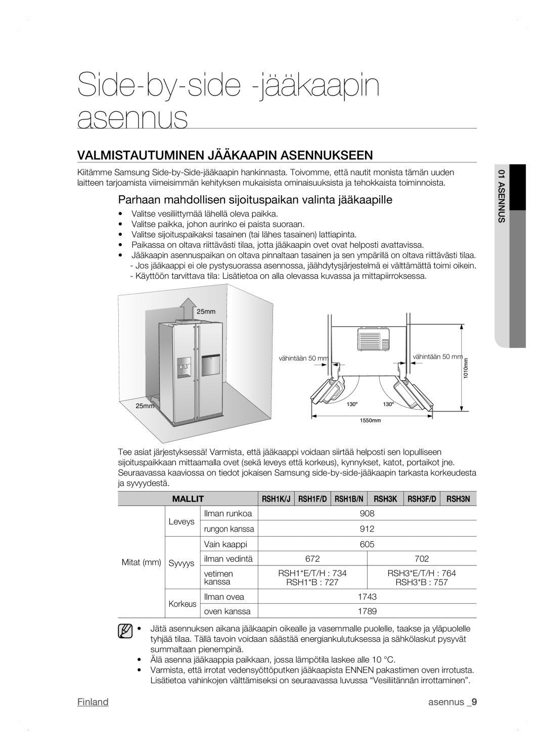 Samsung RSH1DTRS1/XEE manual Valmistautuminen Jääkaapin Asennukseen, Parhaan mahdollisen sijoituspaikan valinta jääkaapille 