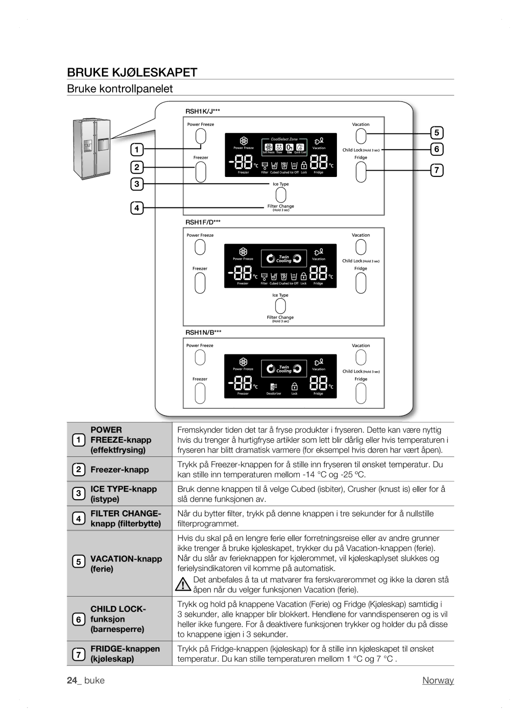 Samsung RSH1FTPE1/XEE, RSH1DTSW1/XEE, RSH1NTSW1/XEE, RSH1DTRS1/XEE, RSH1DTPE1/XEE Bruke Kjøleskapet, Bruke kontrollpanelet 