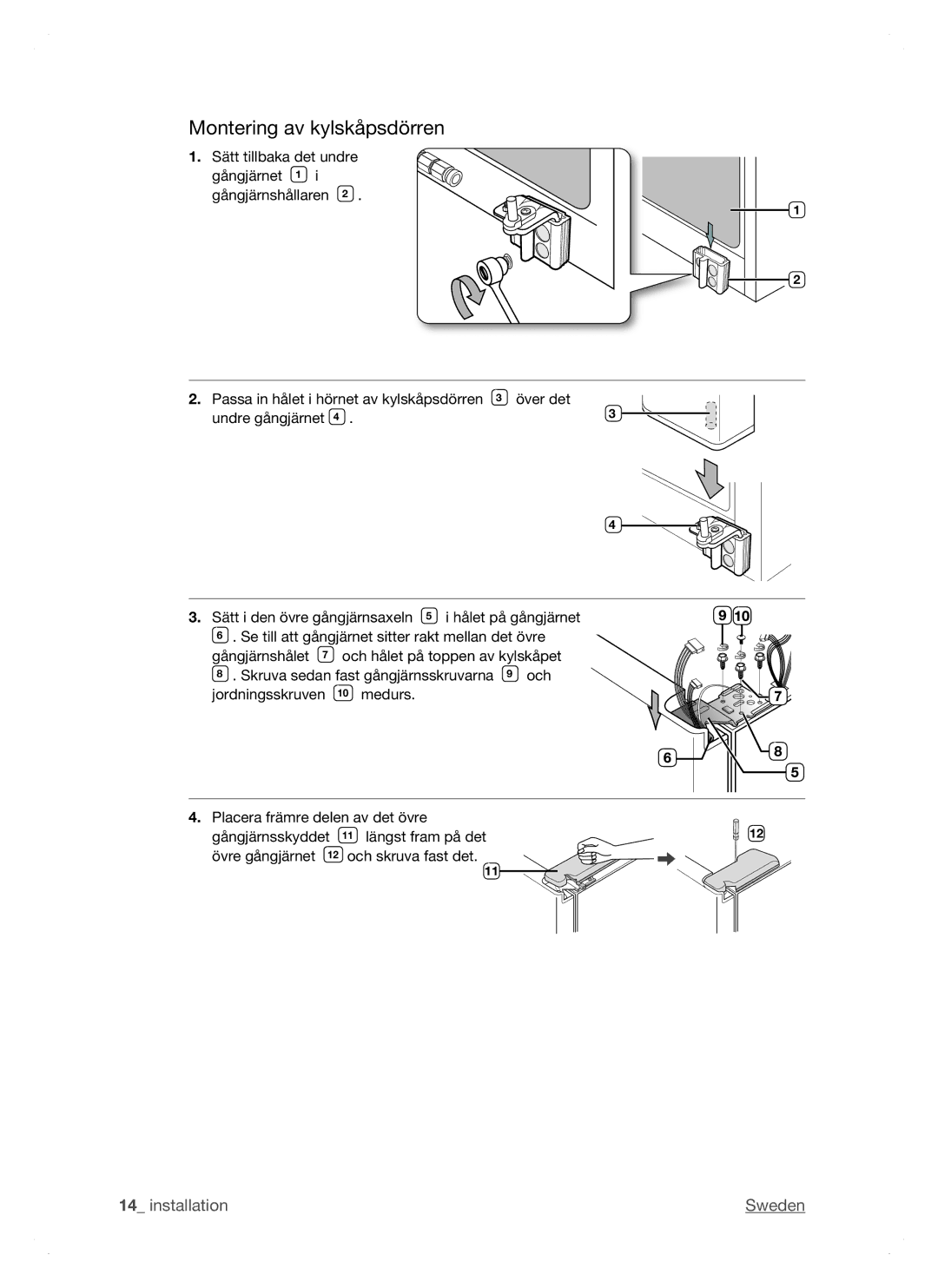 Samsung RSH1NTSW1/XEE, RSH1FTPE1/XEE, RSH1DTSW1/XEE, RSH1DTRS1/XEE, RSH1DTPE1/XEE, RSH1JTRS1/XEE Montering av kylskåpsdörren 