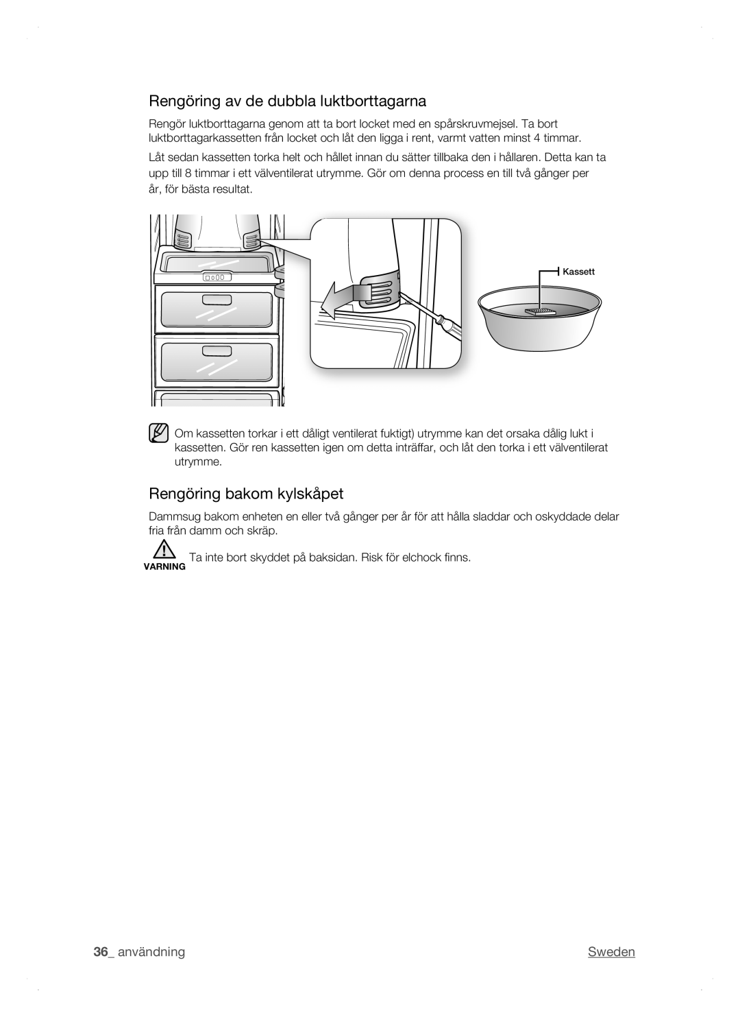 Samsung RSH1FTPE1/XEE, RSH1DTSW1/XEE, RSH1NTSW1/XEE manual Rengöring av de dubbla luktborttagarna, Rengöring bakom kylskåpet 