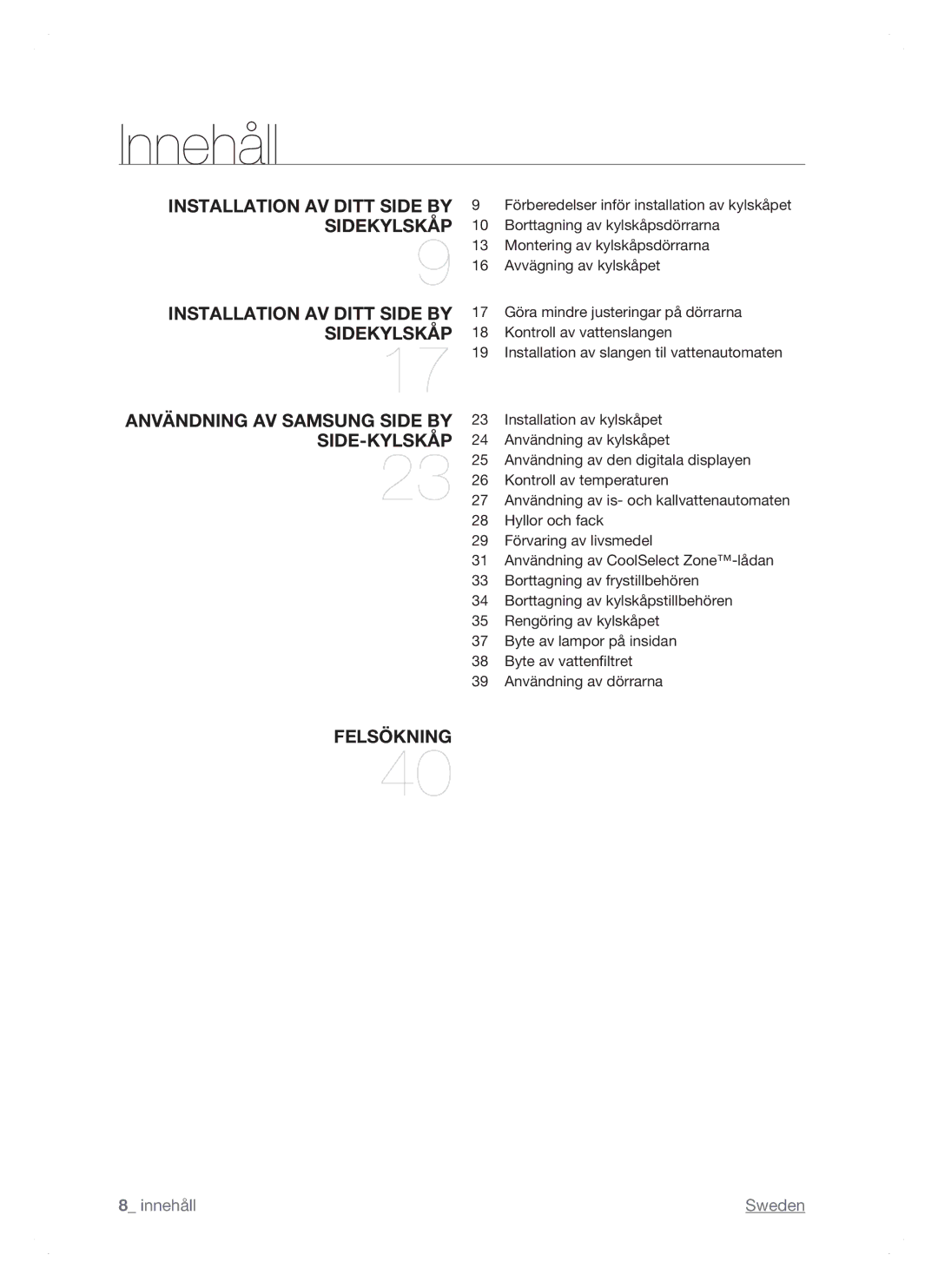 Samsung RSH1NTSW1/XEE, RSH1FTPE1/XEE, RSH1DTSW1/XEE, RSH1DTRS1/XEE, RSH1DTPE1/XEE, RSH1JTRS1/XEE manual Innehåll 