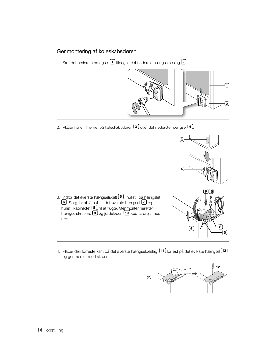 Samsung RSH1DTPE1/XEE, RSH1FTPE1/XEE, RSH1FKPE1/XEE, RSH1DASW1/XEE, RSH1DBRS1/XEE manual Genmontering af køleskabsdøren 