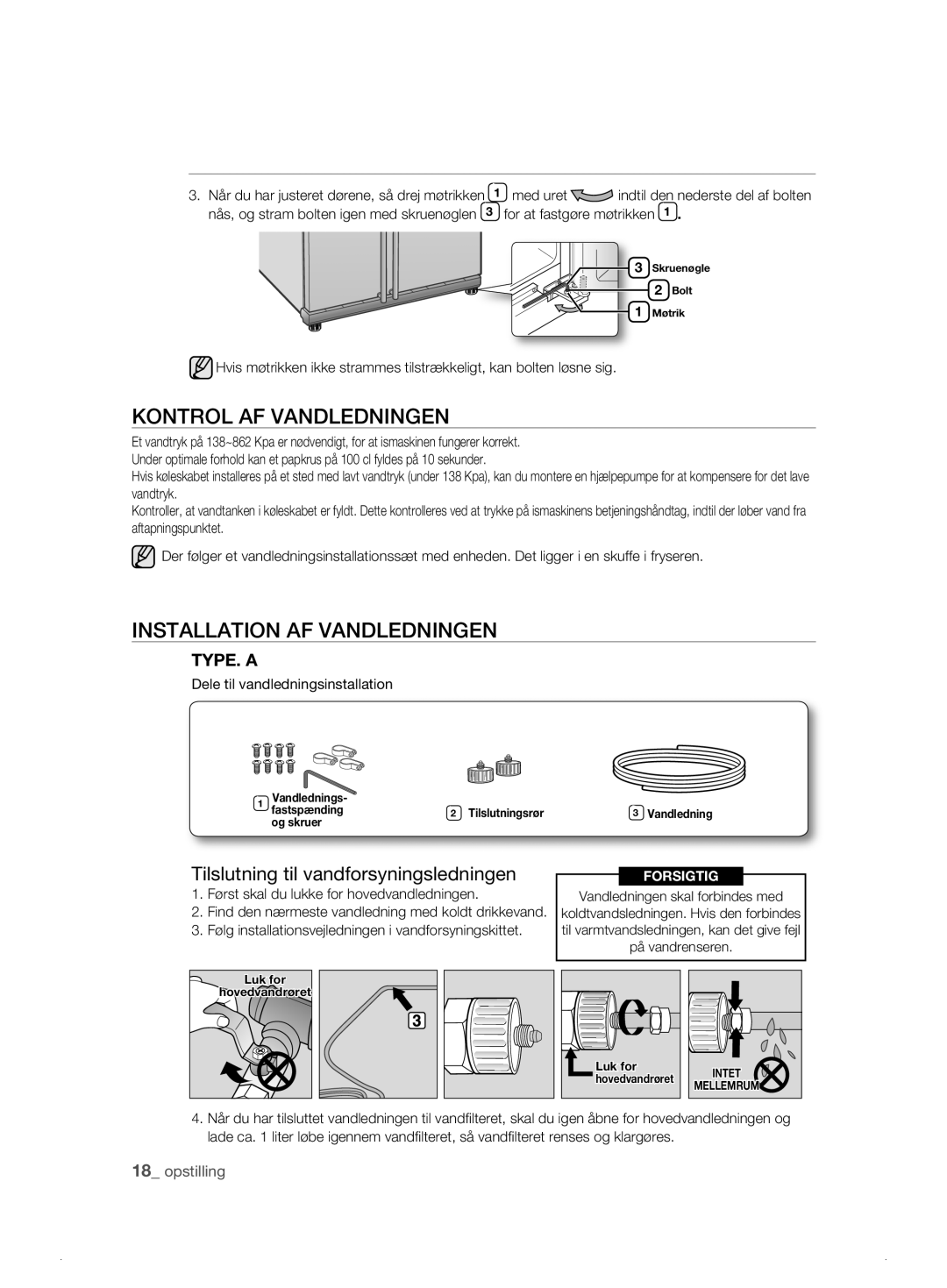 Samsung RSH1NKRS1/XEE Kontrol AF Vandledningen, Installation AF Vandledningen, Tilslutning til vandforsyningsledningen 