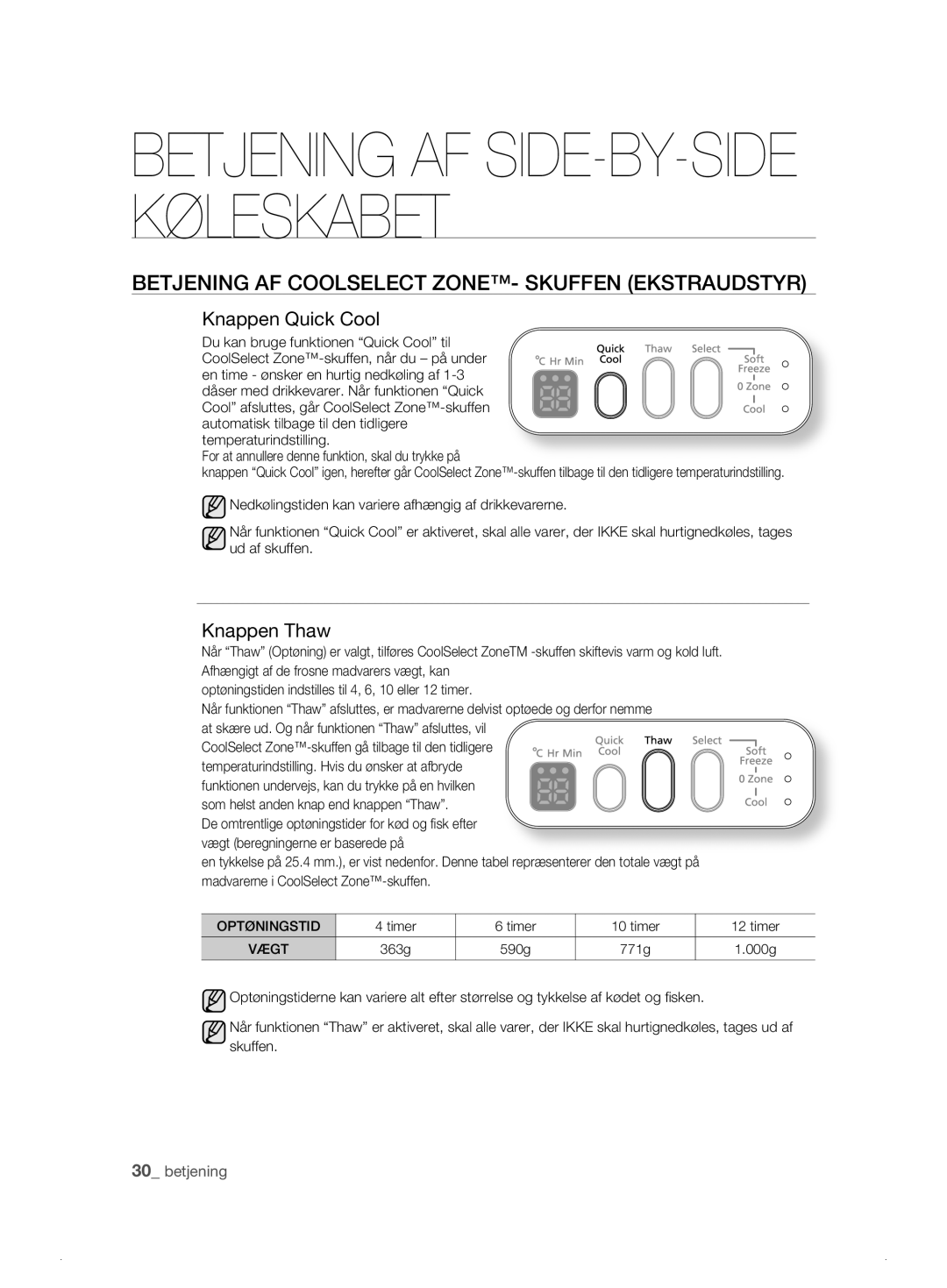 Samsung RSH1DTBP1/XEE, RSH1FTPE1/XEE Betjening AF Coolselect ZONE- Skuffen Ekstraudstyr, Knappen Quick Cool, Knappen Thaw 