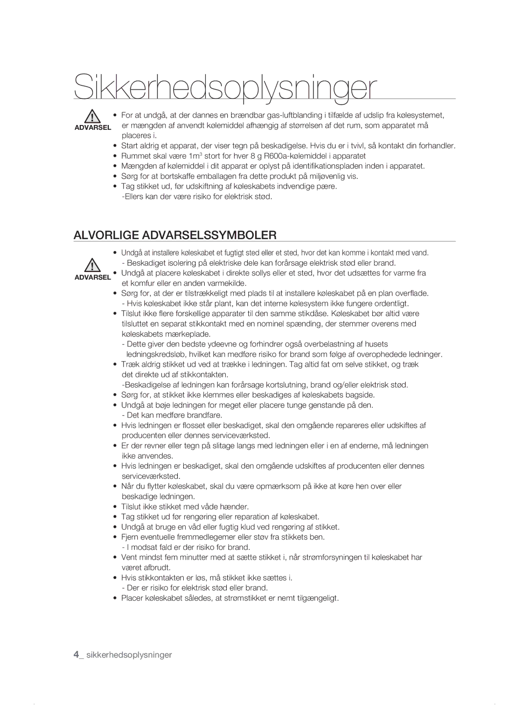 Samsung RSH1DTSW1/XEE, RSH1FTPE1/XEE, RSH1FKPE1/XEE, RSH1DASW1/XEE manual Alvorlige Advarselssymboler,  sikkerhedsoplysninger 