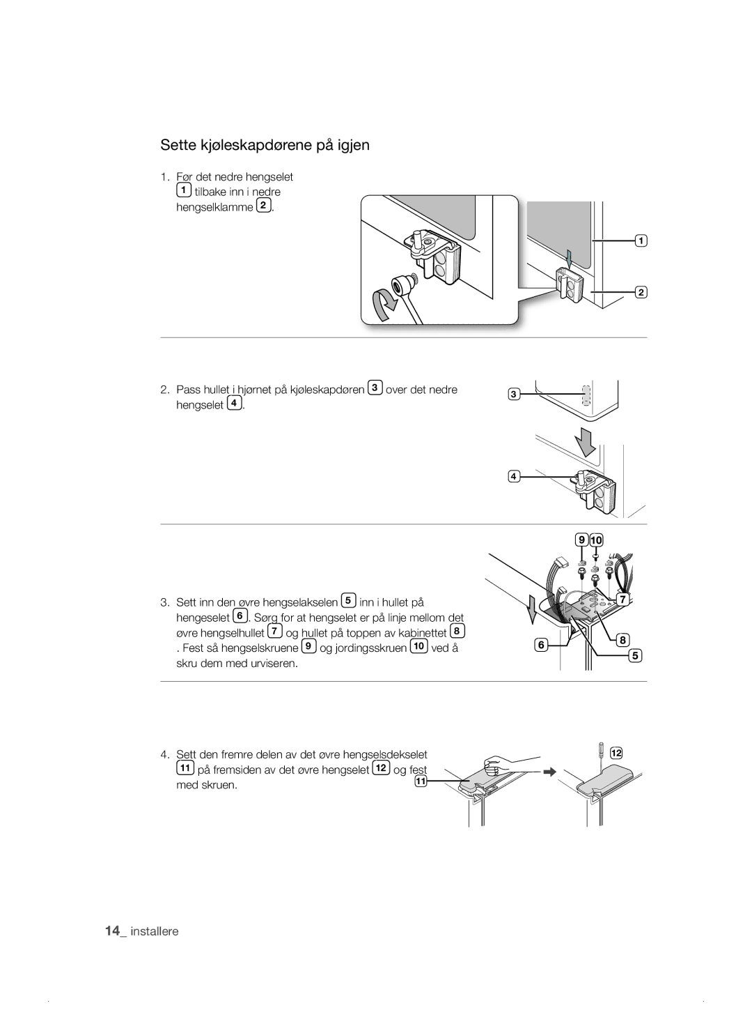 Samsung RSH1DTPE1/XEE, RSH1FTPE1/XEE Sette kjøleskapdørene på igjen, Før det nedre hengselet, Over det nedre Hengselet 