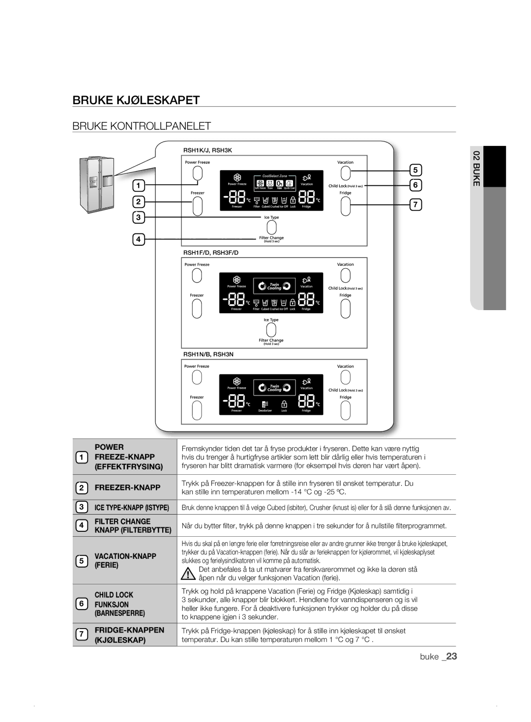 Samsung RSH1DTSW1/XEE, RSH1FTPE1/XEE, RSH1FKPE1/XEE, RSH1DASW1/XEE, RSH1DBRS1/XEE Bruke Kjøleskapet, Bruke kontrollpanelet 