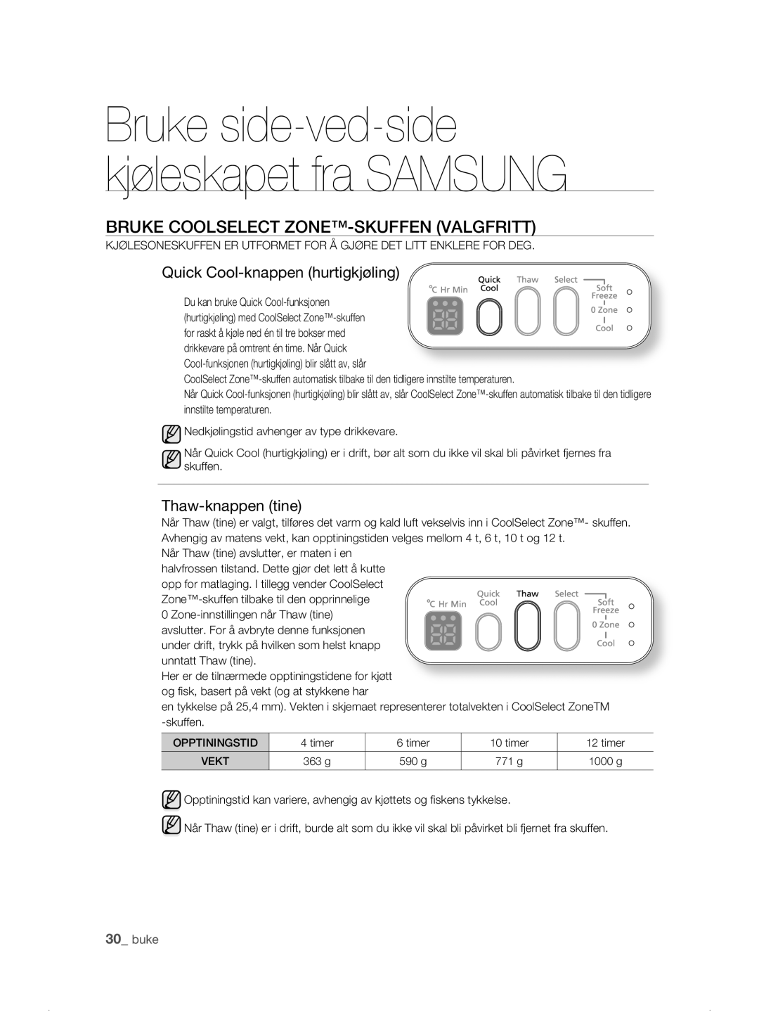 Samsung RSH1DTBP1/XEE Bruke Coolselect ZONE-SKUFFEN Valgfritt, Quick Cool-knappen hurtigkjøling, Thaw-knappen tine, Timer 