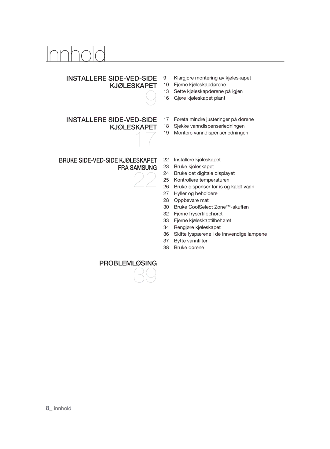 Samsung RSH1NKSW1/XEE, RSH1FTPE1/XEE, RSH1FKPE1/XEE, RSH1DASW1/XEE, RSH1DBRS1/XEE, RSH1DTSW1/XEE, RSH1DBPE1/XEE manual Innhold 