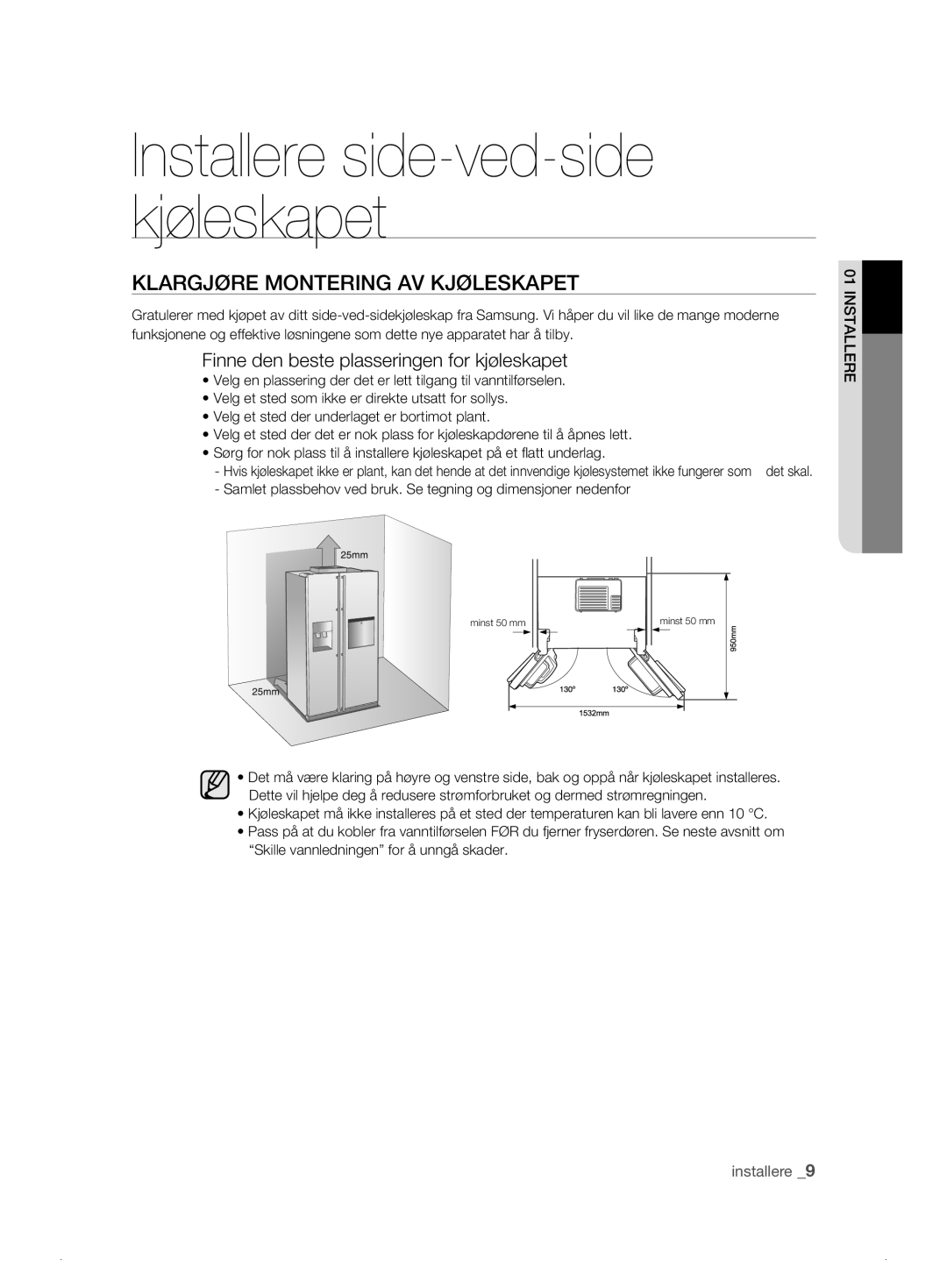 Samsung RSH1NTSW1/XEE, RSH1FTPE1/XEE manual Klargjøre Montering AV Kjøleskapet, Finne den beste plasseringen for kjøleskapet 