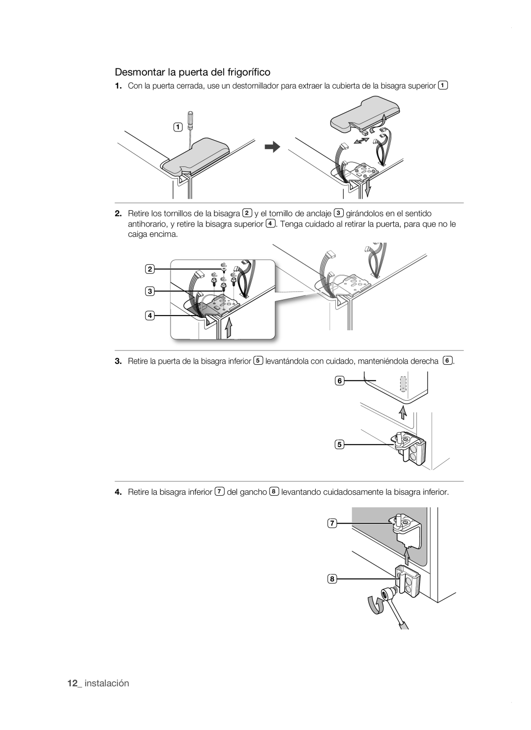 Samsung RSH1NHSW1/XES, RSH1FTPE1/XEP, RSH1FBSW1/XES, RSH1FBRS1/XES, RSH1FBPE1/XES manual Desmontar la puerta del frigorífico 