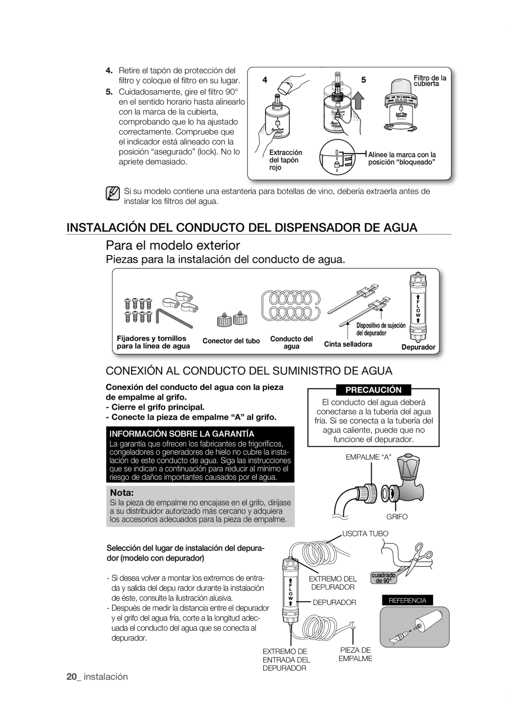 Samsung RSH1NBPE1/XES, RSH1FTPE1/XEP manual Para el modelo exterior, Instalación DEL Conducto DEL Dispensador DE Agua 