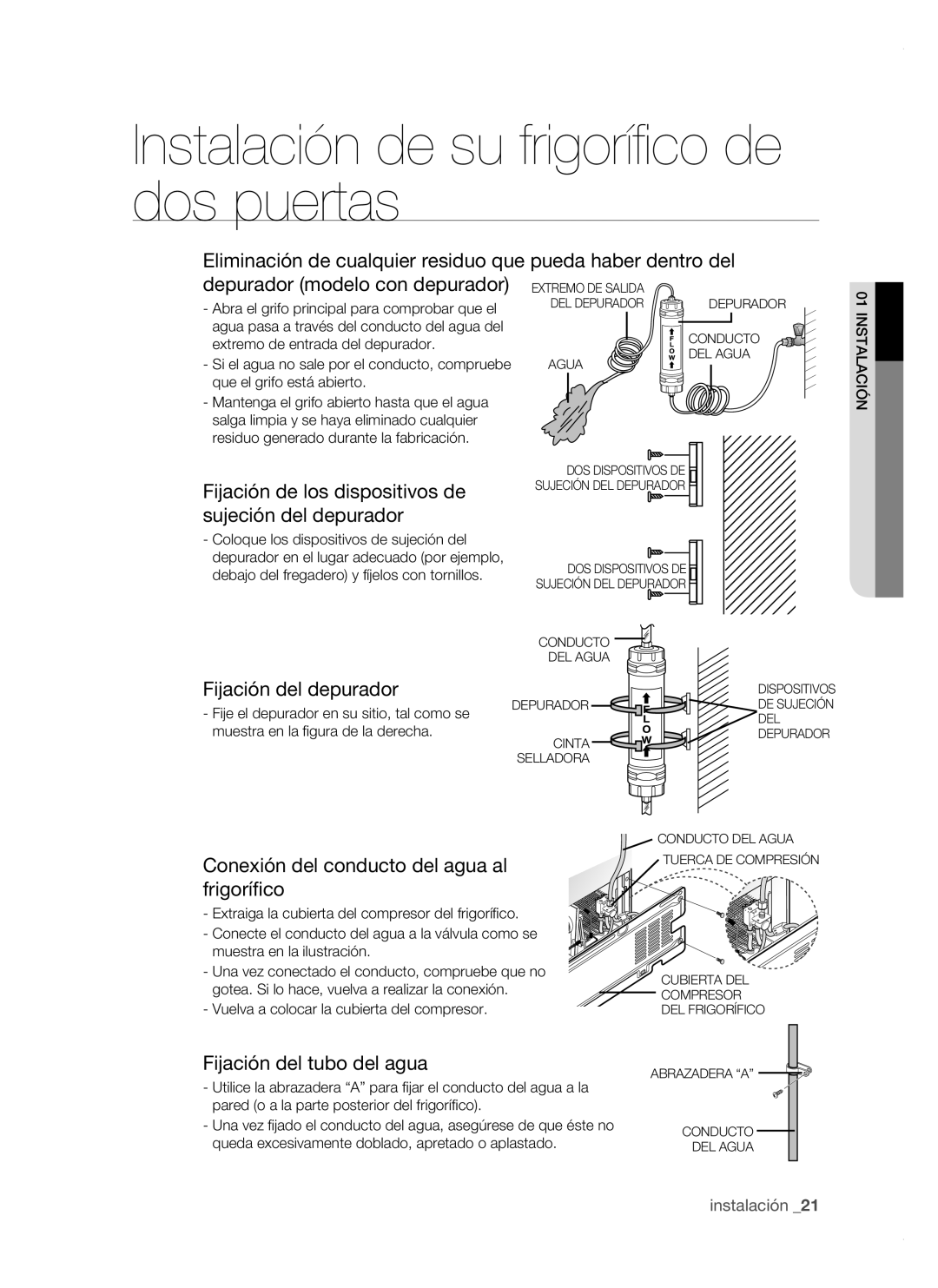 Samsung RSH1FTSW1/XES, RSH1FTPE1/XEP manual Fijación de los dispositivos de sujeción del depurador, Fijación del depurador 