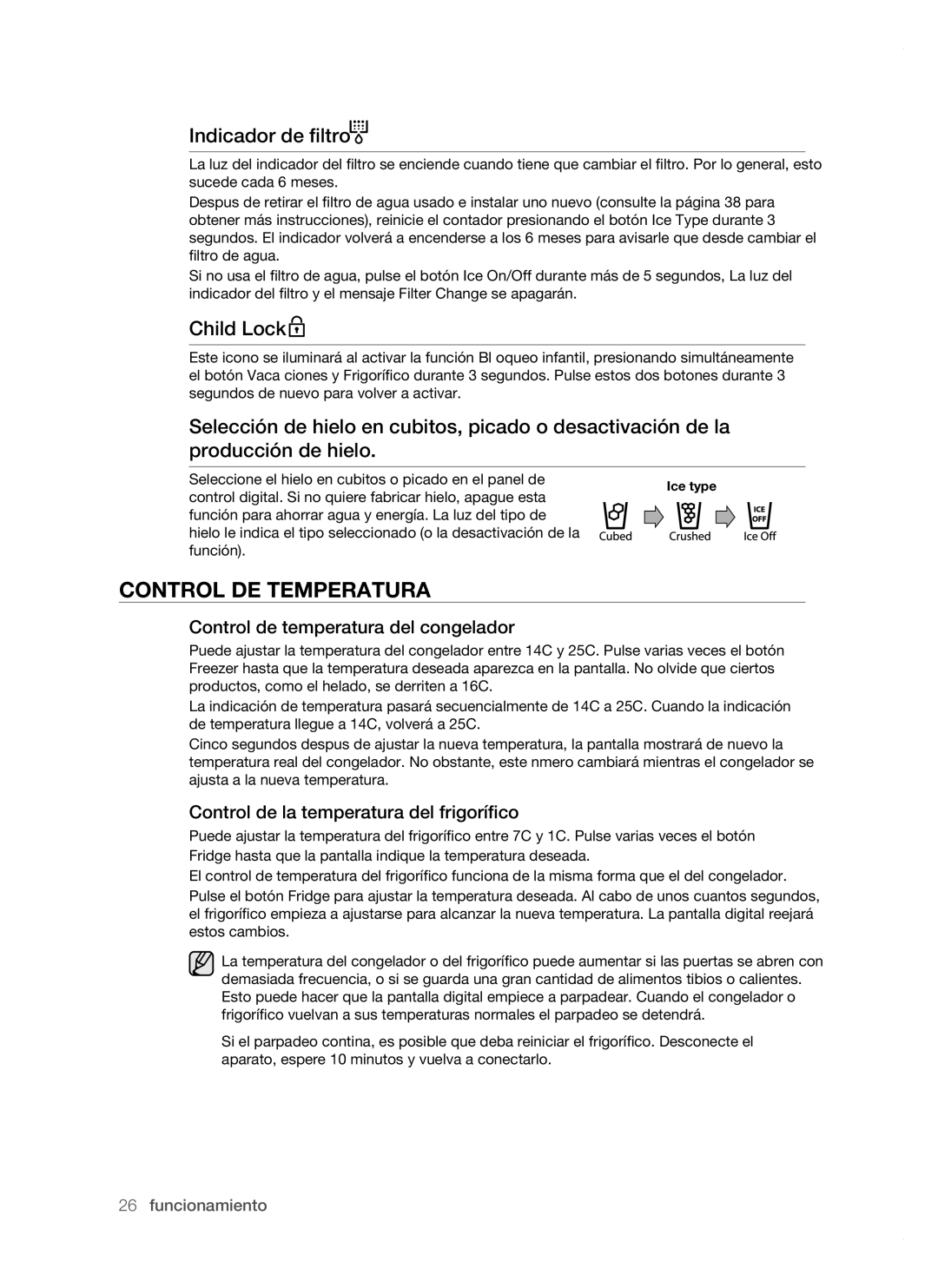 Samsung RSH1NHSW1/XES, RSH1FTPE1/XEP, RSH1FBSW1/XES, RSH1FBRS1/XES Control DE Temperatura, Indicador de filtro, Child Lock 