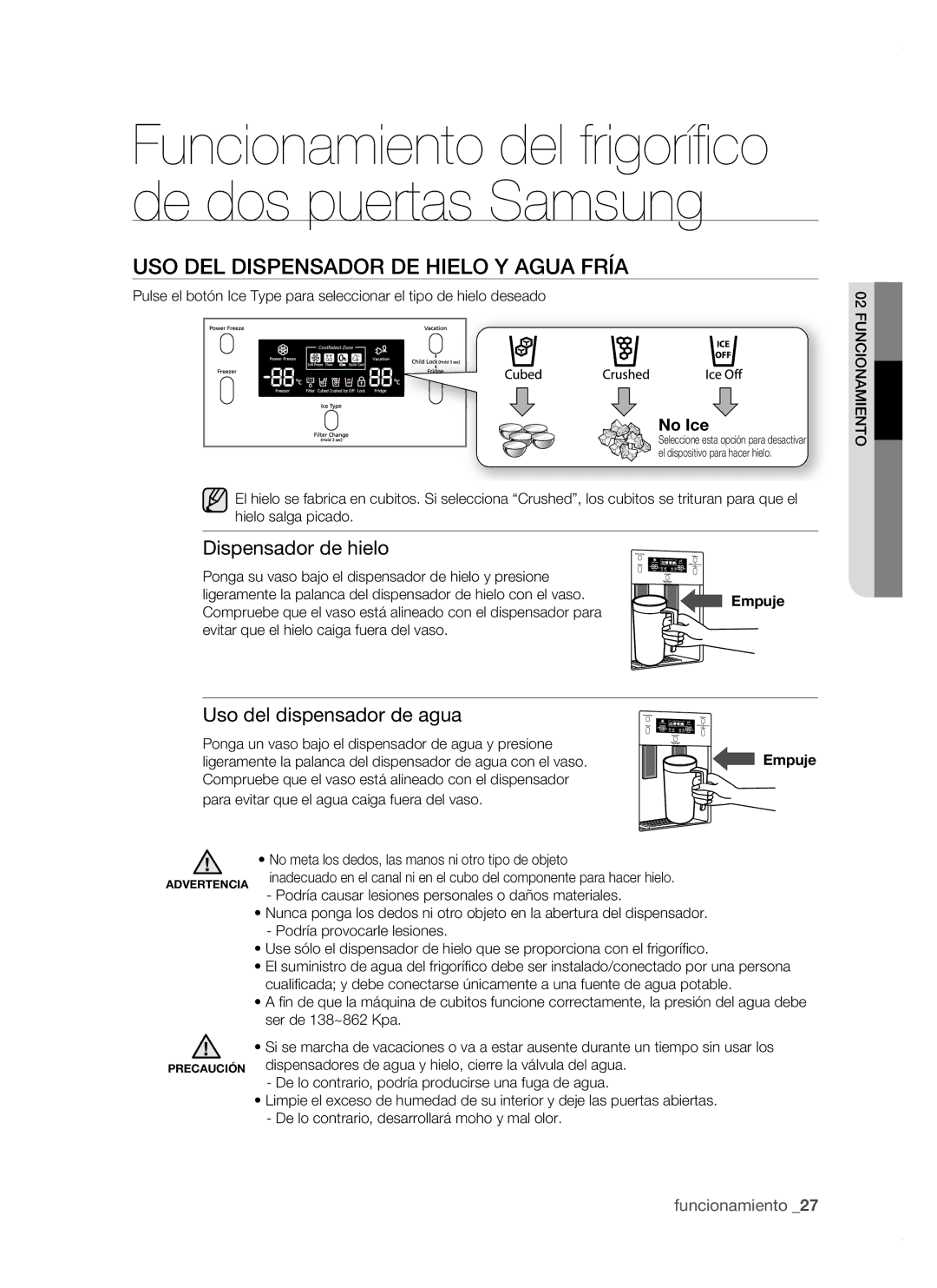 Samsung RSH1NBRS1/XES manual USO DEL Dispensador DE Hielo Y Agua Fría, Dispensador de hielo, Uso del dispensador de agua 