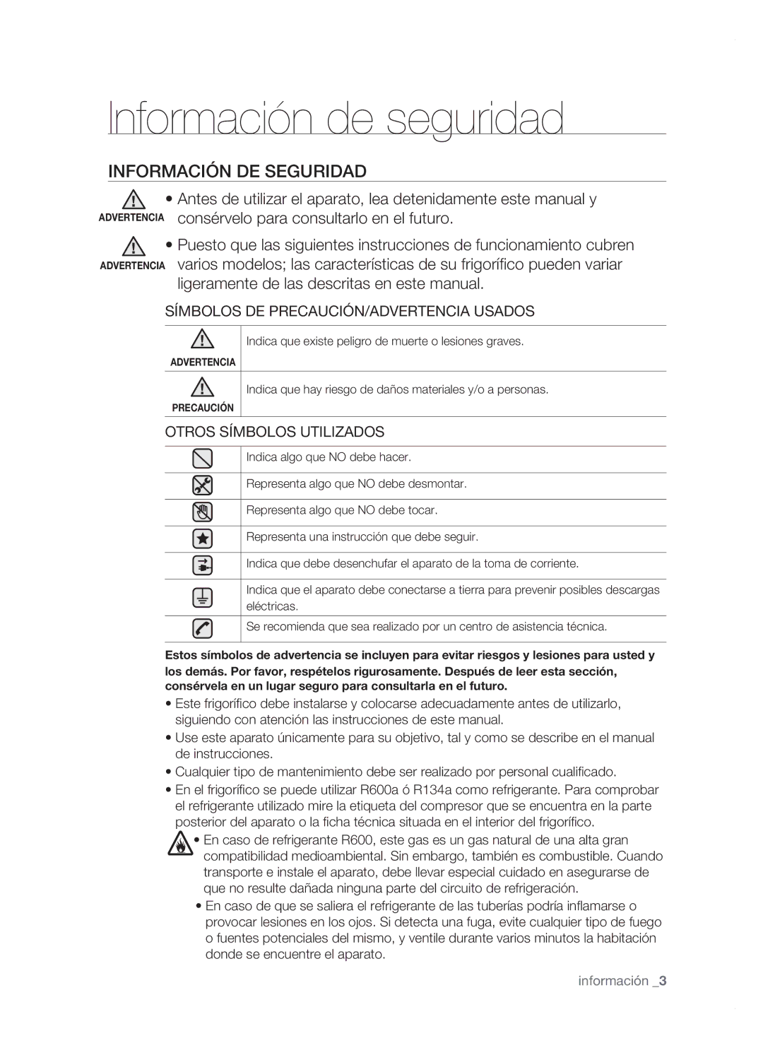 Samsung RSH1FBPE1/XES, RSH1FTPE1/XEP, RSH1FBSW1/XES, RSH1FBRS1/XES manual Información de seguridad, Información DE Seguridad 