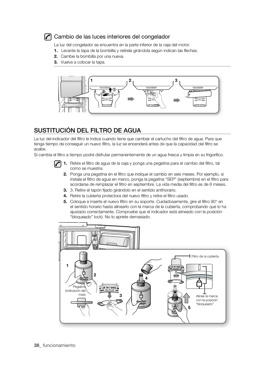 Samsung RSH1DHSW1/XES, RSH1FTPE1/XEP manual Sustitución DEL Filtro DE Agua, Cambio de las luces interiores del congelador 