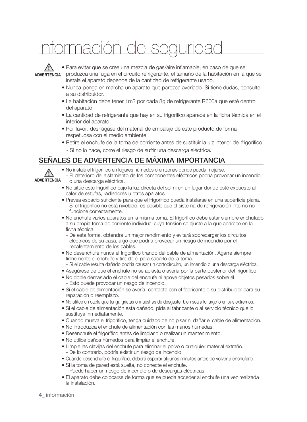 Samsung RSH1DTPE1/XEP, RSH1FTPE1/XEP, RSH1FBSW1/XES manual Señales DE Advertencia DE Máxima Importancia,  información 