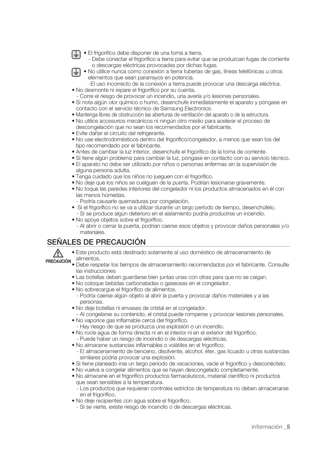 Samsung RSH1DBPE1/XES, RSH1FTPE1/XEP, RSH1FBSW1/XES, RSH1FBRS1/XES, RSH1FBPE1/XES, RSH1DTPE1/XEP manual Señales DE Precaución 