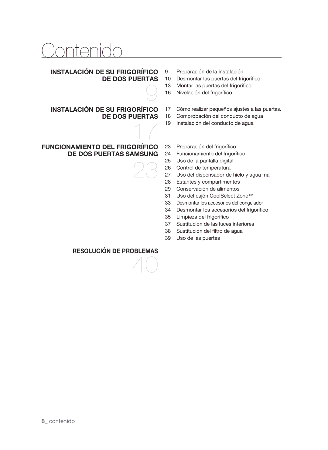 Samsung RSH1NHPE1/XES, RSH1FTPE1/XEP, RSH1FBSW1/XES, RSH1FBRS1/XES, RSH1FBPE1/XES, RSH1DTPE1/XEP, RSH1DBPE1/XES manual Contenido 