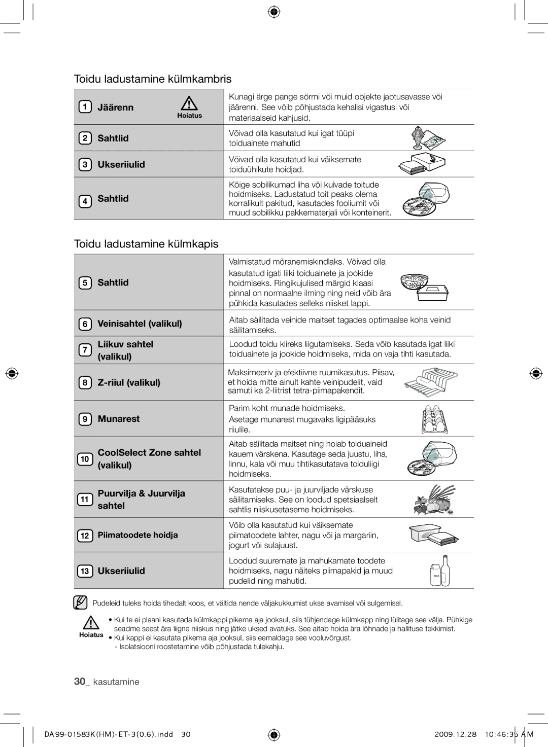 Samsung RSH1NTRS1/BWT, RSH1FTRS1/BWT, RSH1FTIS1/BWT manual Toidu ladustamine külmkambris, Toidu ladustamine külmkapis 