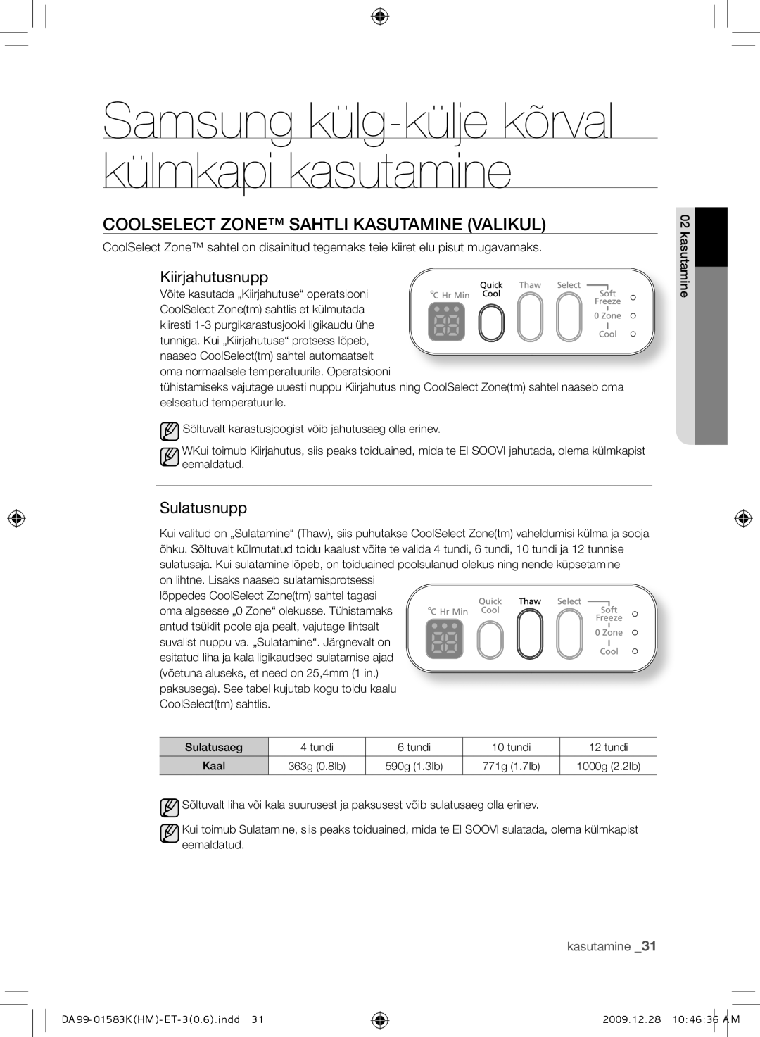 Samsung RSH1NTIS1/BWT, RSH1FTRS1/BWT, RSH1FTIS1/BWT Coolselect Zone sahtli kasutamine valikul, Kiirjahutusnupp, Sulatusnupp 