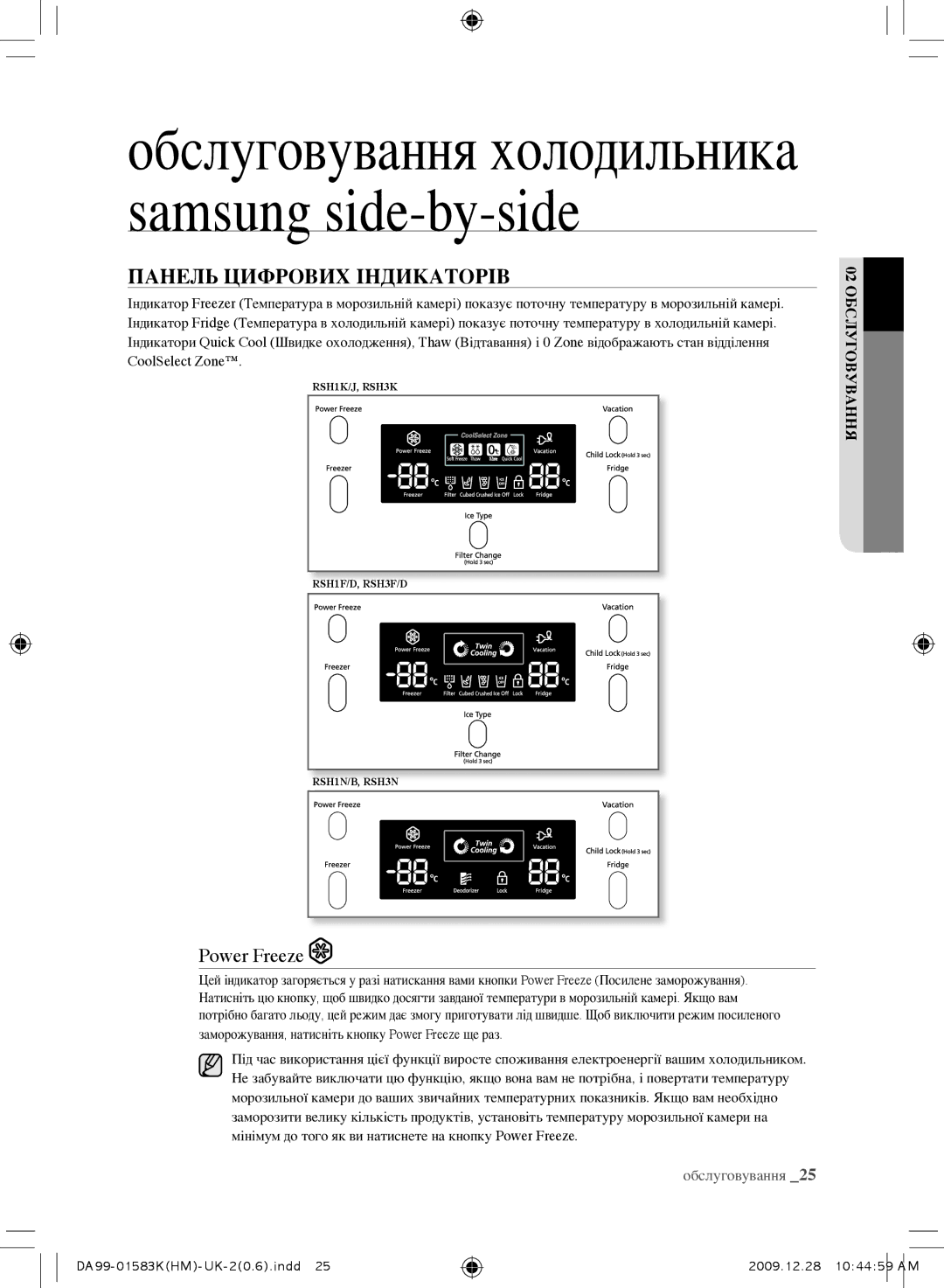 Samsung RSH1FTPE1/BWT, RSH1FTRS1/BWT, RSH1FTIS1/BWT, RSH1FTBP1/BWT, RS21HNTRS1/BWT Панель Цифрових Індикаторів, Power Freeze 