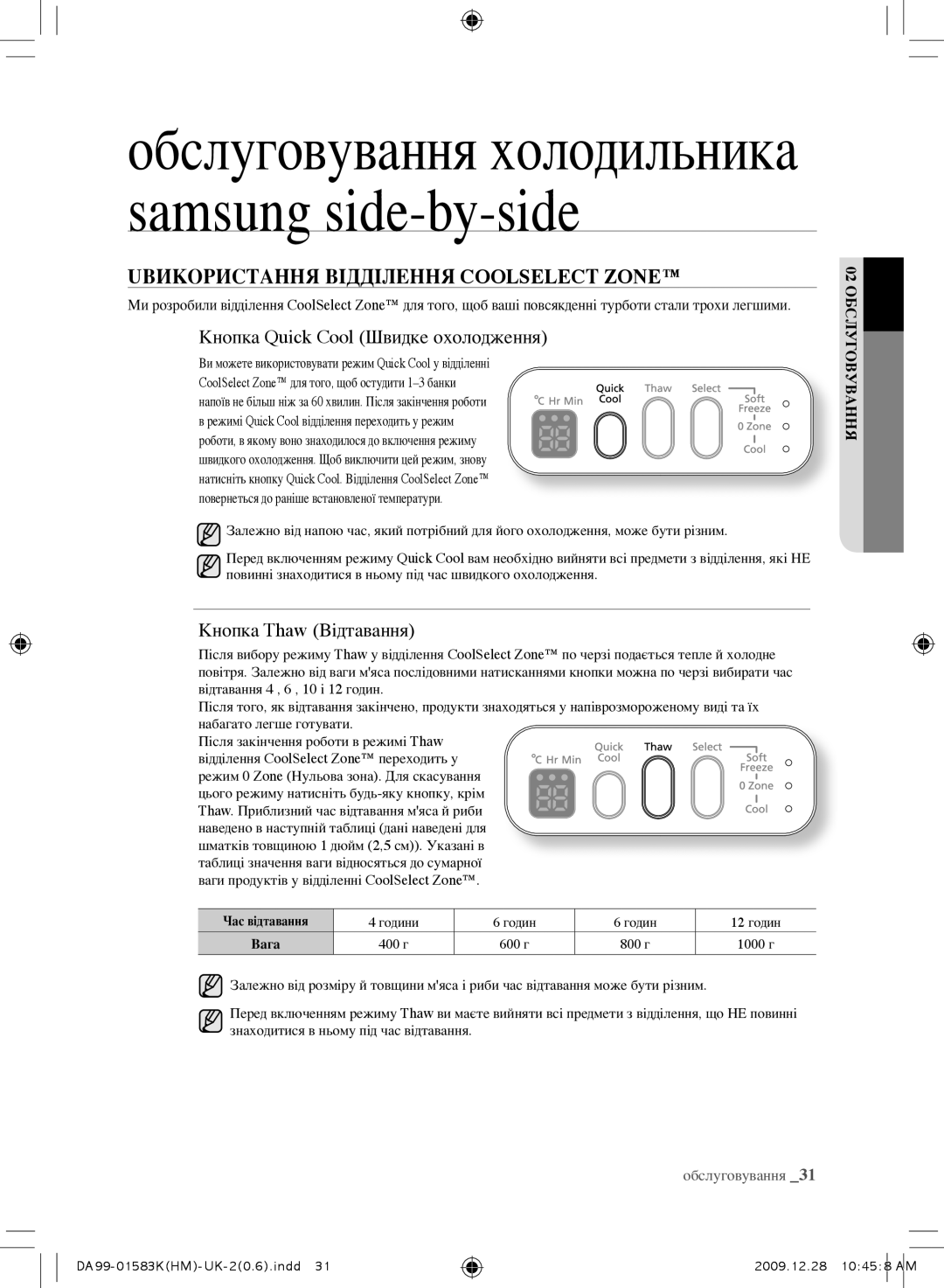 Samsung RSH1NTSW1/BWT, RSH1FTRS1/BWT manual Uвикористання Відділення Coolselecт Zone, Кнопка Quіck Cool Швидке охолодження 