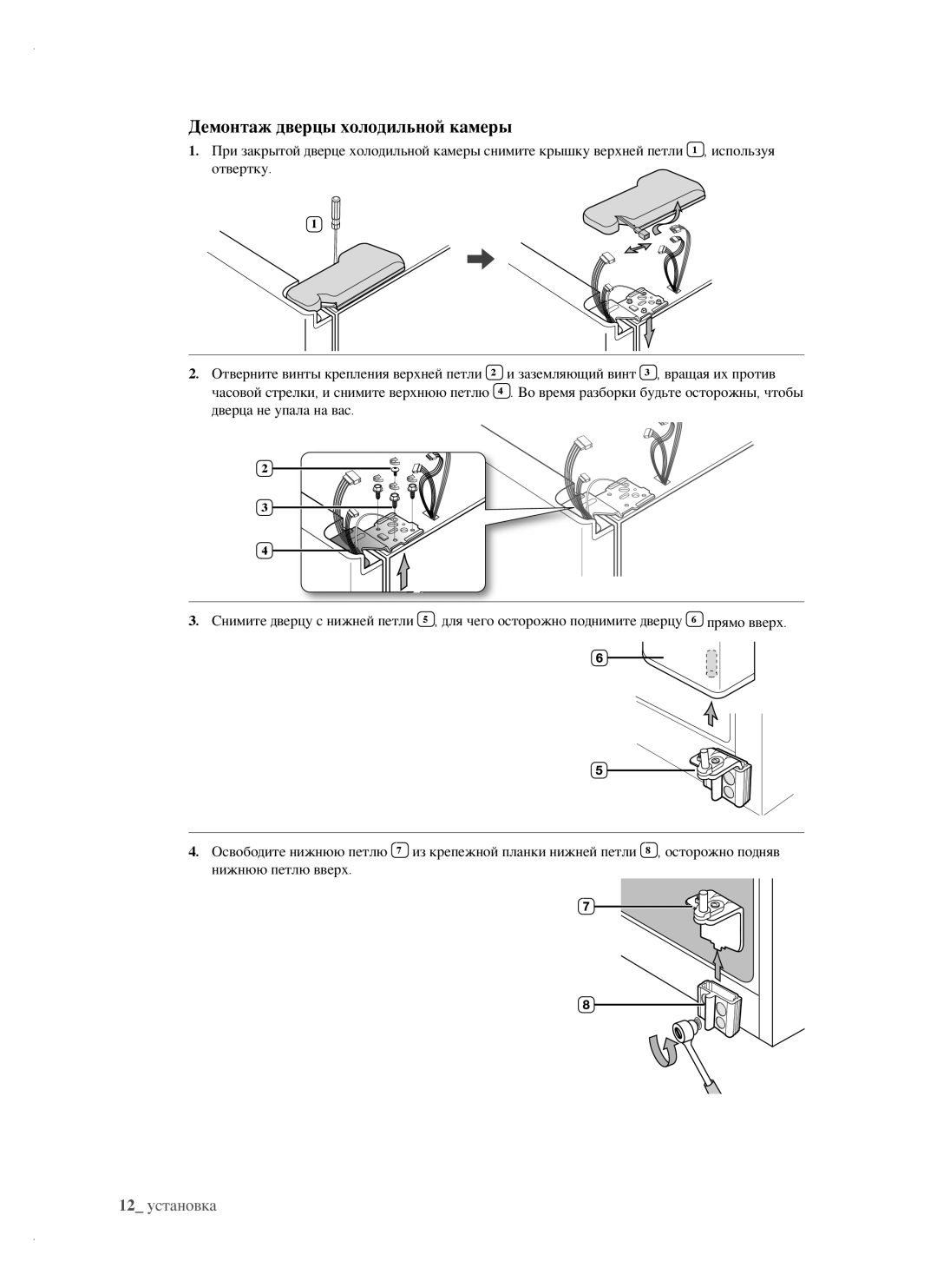 Samsung RSH1NTPE1/BWT, RSH1FTRS1/BWT, RSH1FTIS1/BWT, RSH1FTBP1/BWT, RSH1FTPE1/BWT manual Демонтаж дверцы холодильной камеры 