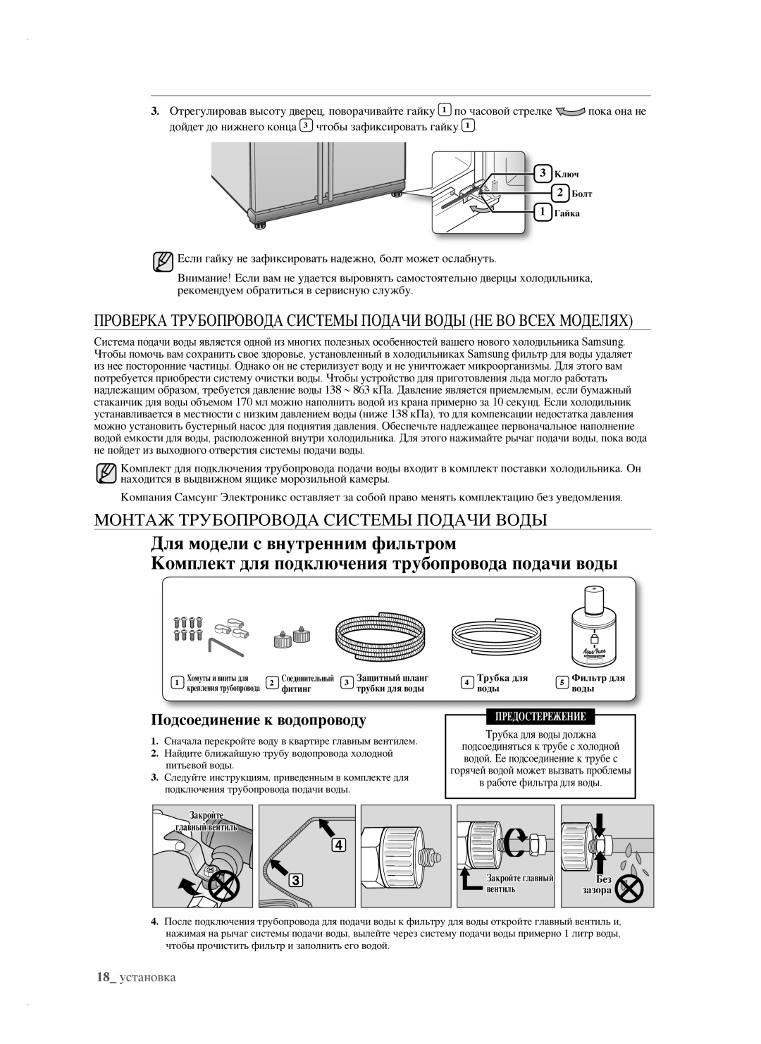 Samsung RSH1FTRS1/BWT, RSH1FTIS1/BWT, RSH1FTBP1/BWT Монтаж Трубопровода Системы Подачи Воды, Подсоединение к водопроводу 