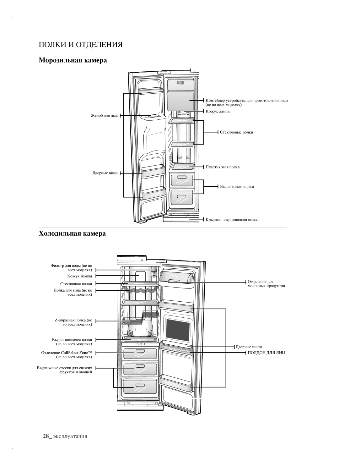 Samsung RSH1FTIS1/BWT, RSH1FTRS1/BWT, RSH1FTBP1/BWT, RSH1NTPE1/BWT Полки И Отделения, Морозильная камера, Холодильная камера 