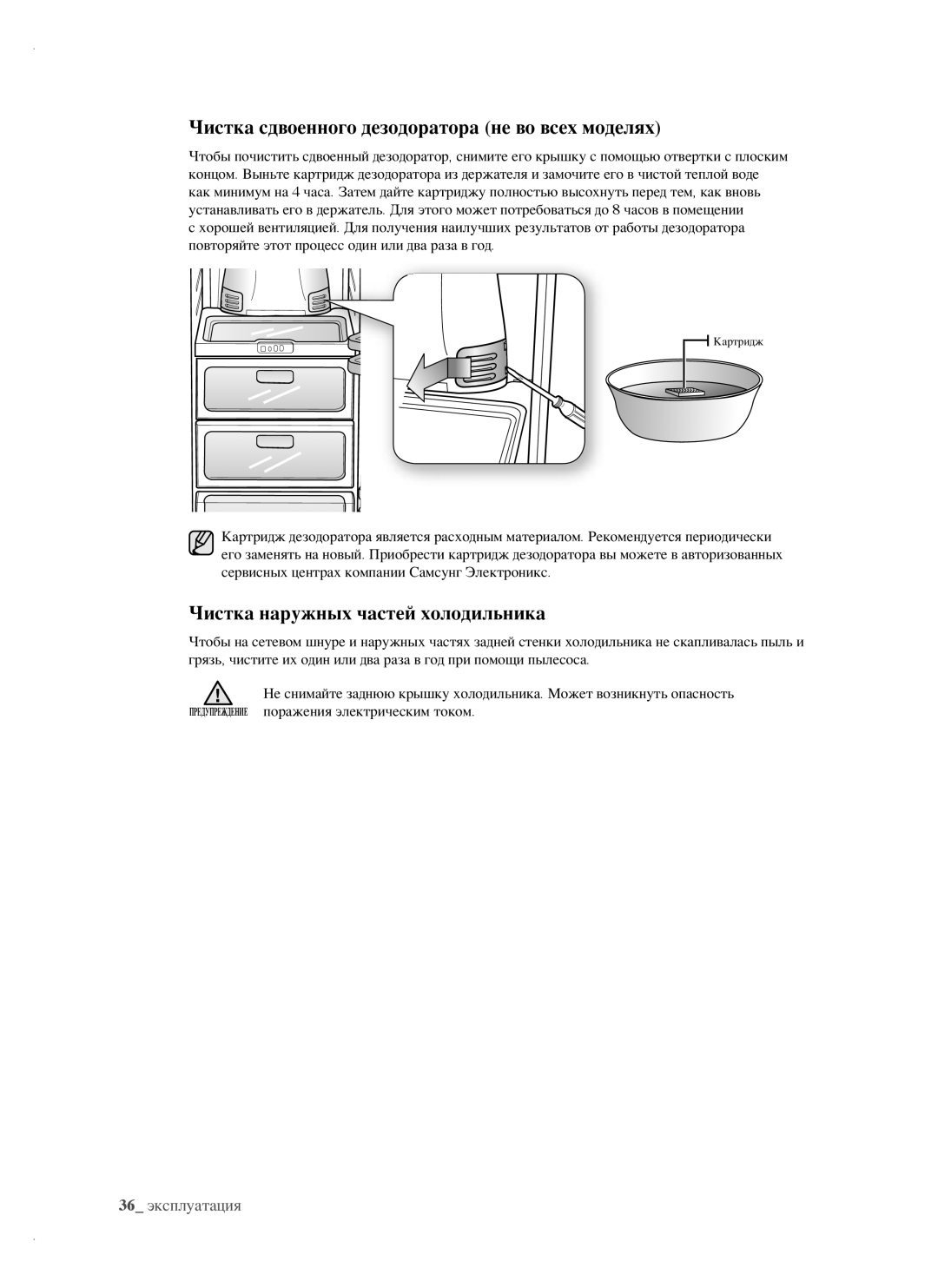 Samsung RSH1FTRS1/BWT manual Чистка сдвоенного дезодоратора не во всех моделях, Чистка наружных частей холодильника 